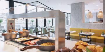 a buffet with food on the counter