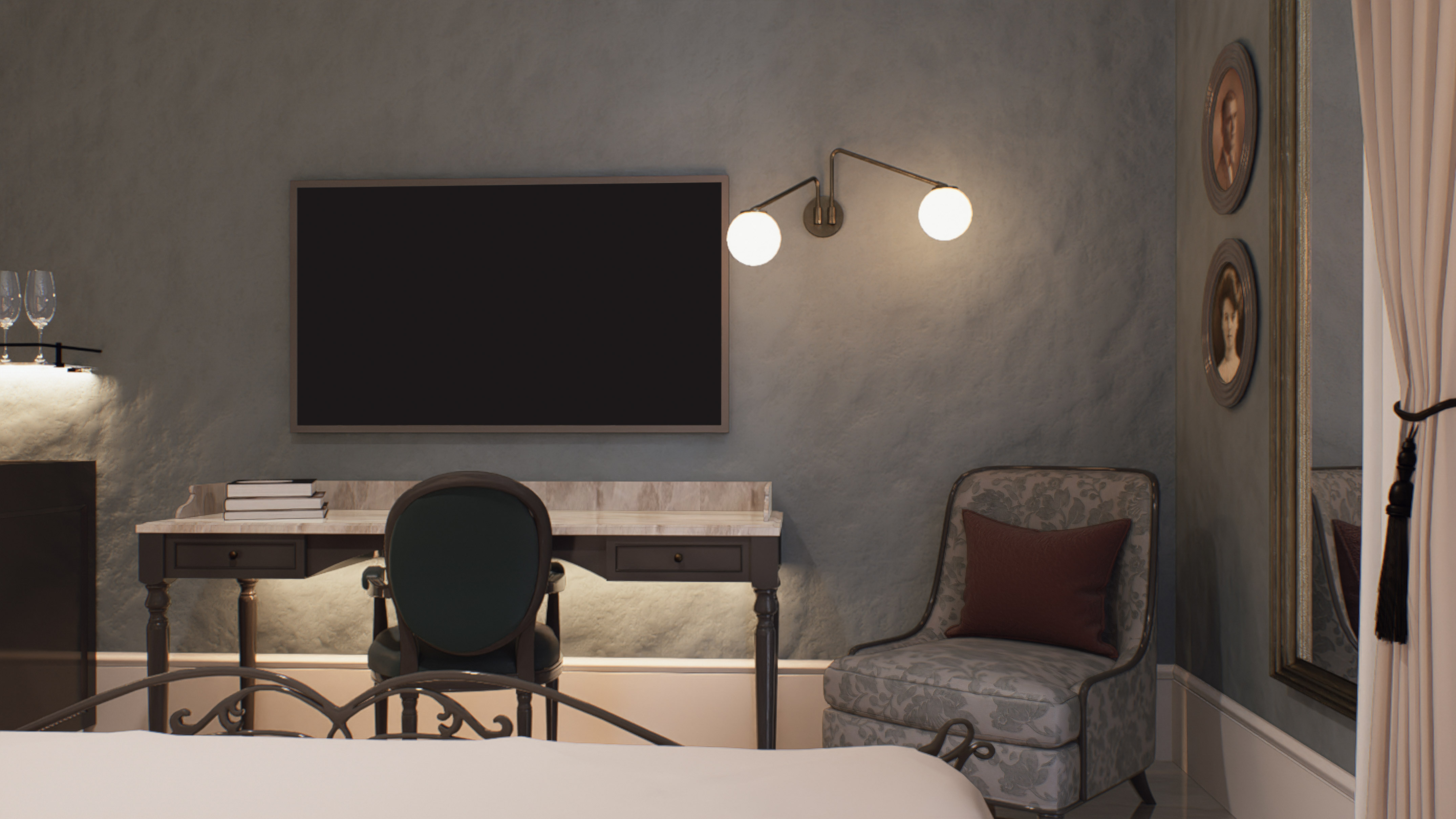 Elegant hotel bedroom with mounted TV, marble desk, armchair, and classic decor.