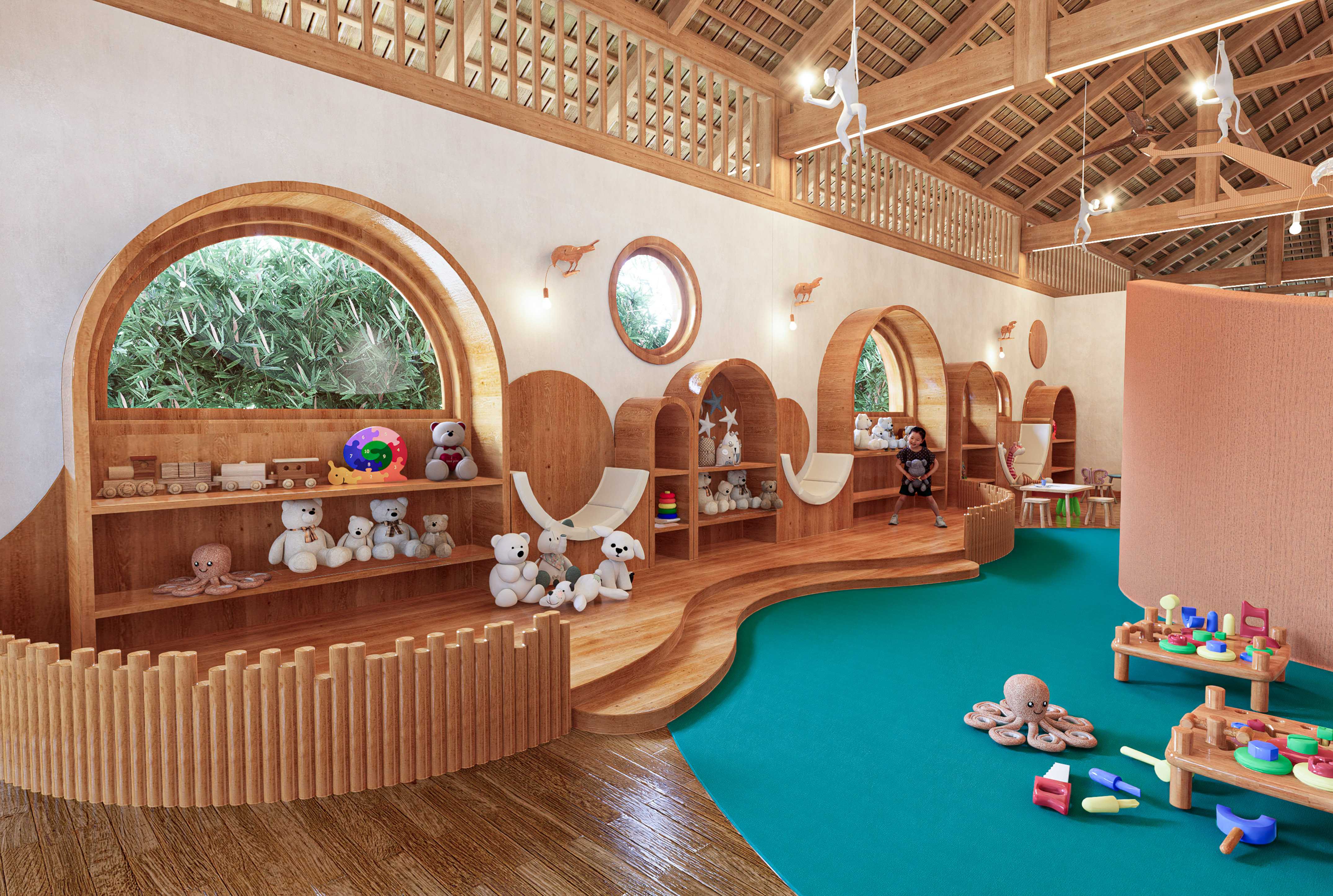 a room with a large playroom with a blue carpet and toys