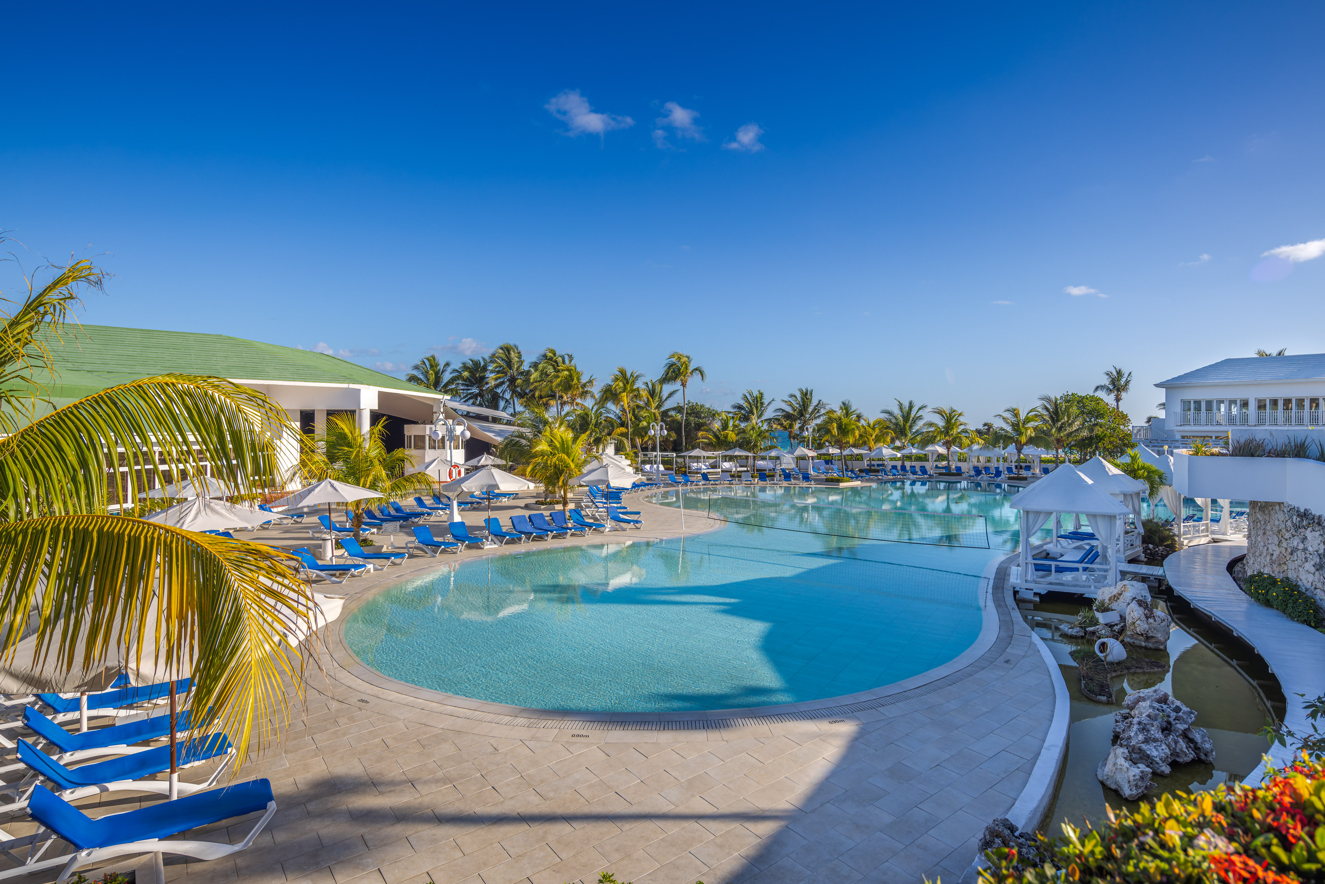 a pool with lounge chairs and umbrellas