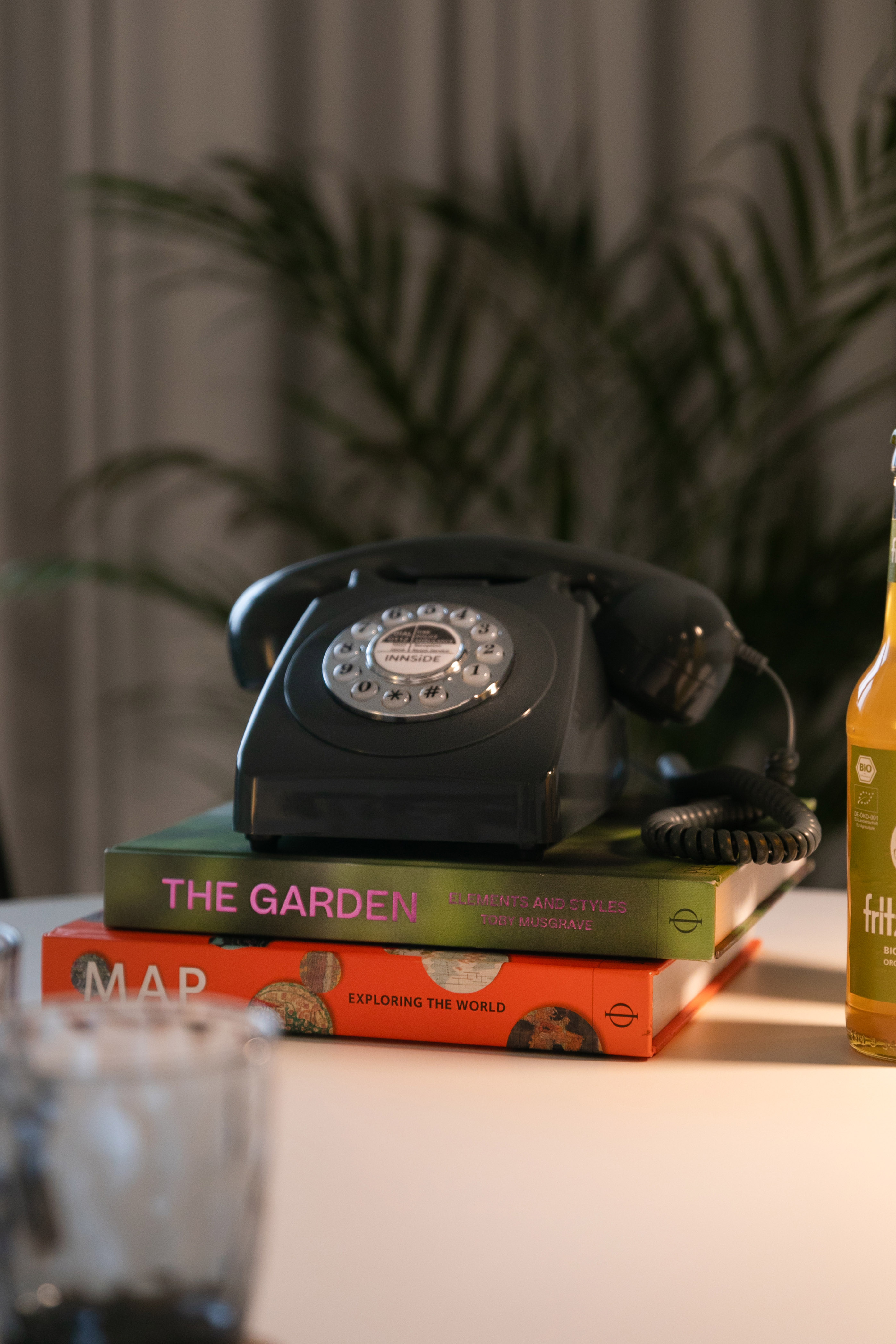 Black rotary phone on stacked books, with green plant in background.
