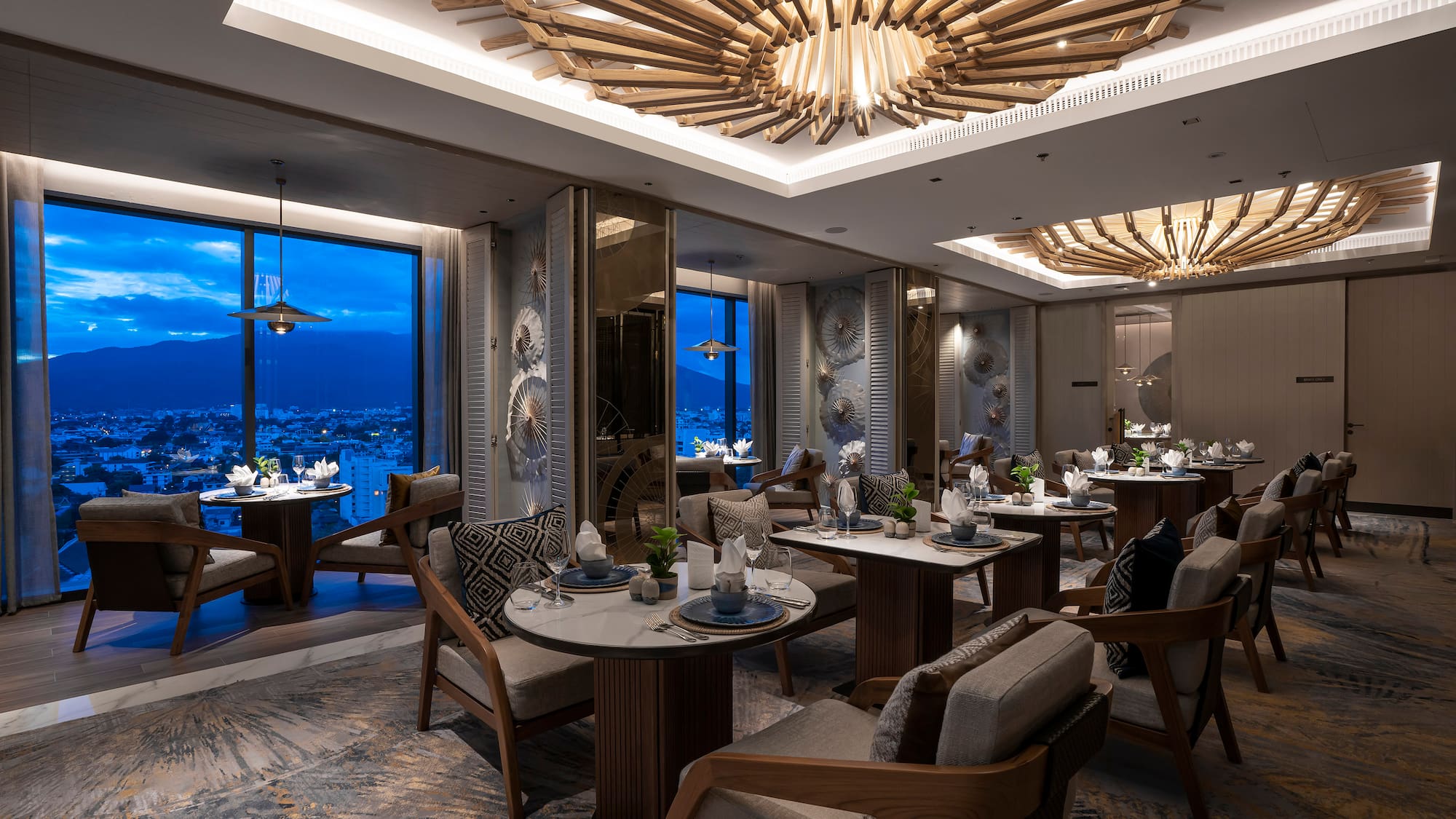 a room with tables and chairs