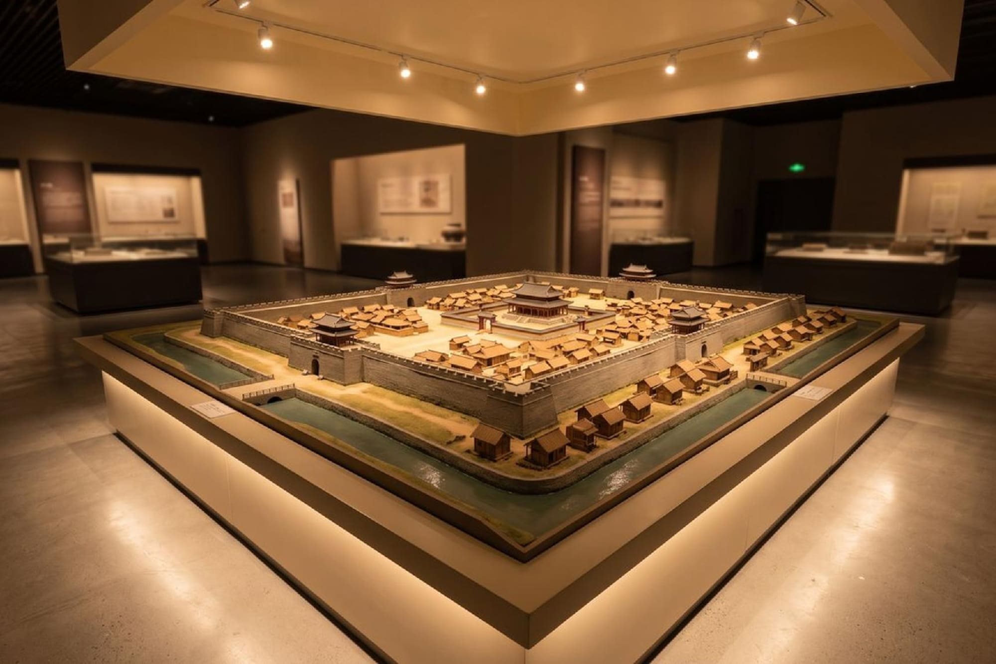 Maqueta de ciudad amurallada china con foso y edificios en exposición de museo.