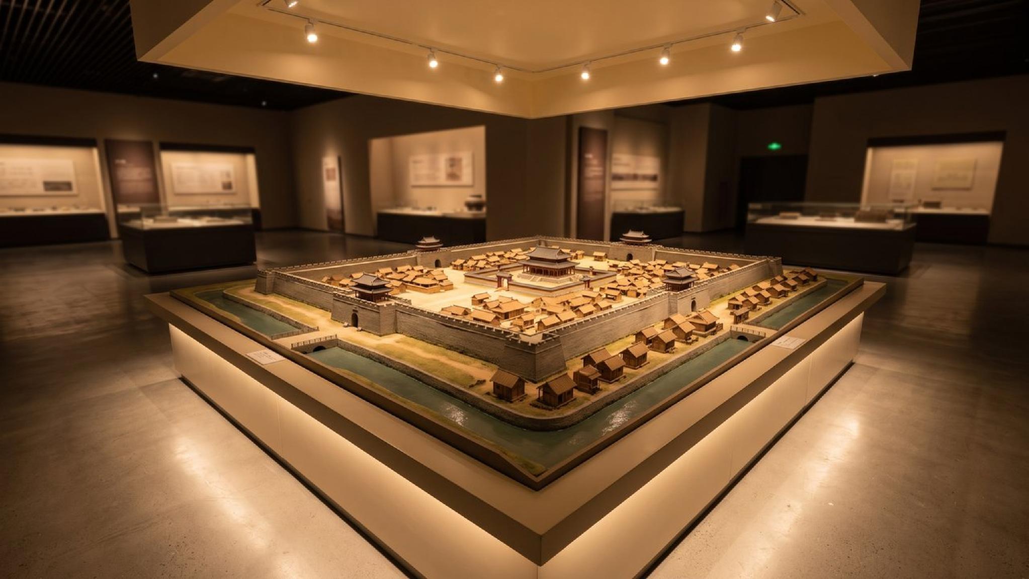 Maqueta de ciudad amurallada china con foso y edificios en exposición de museo.