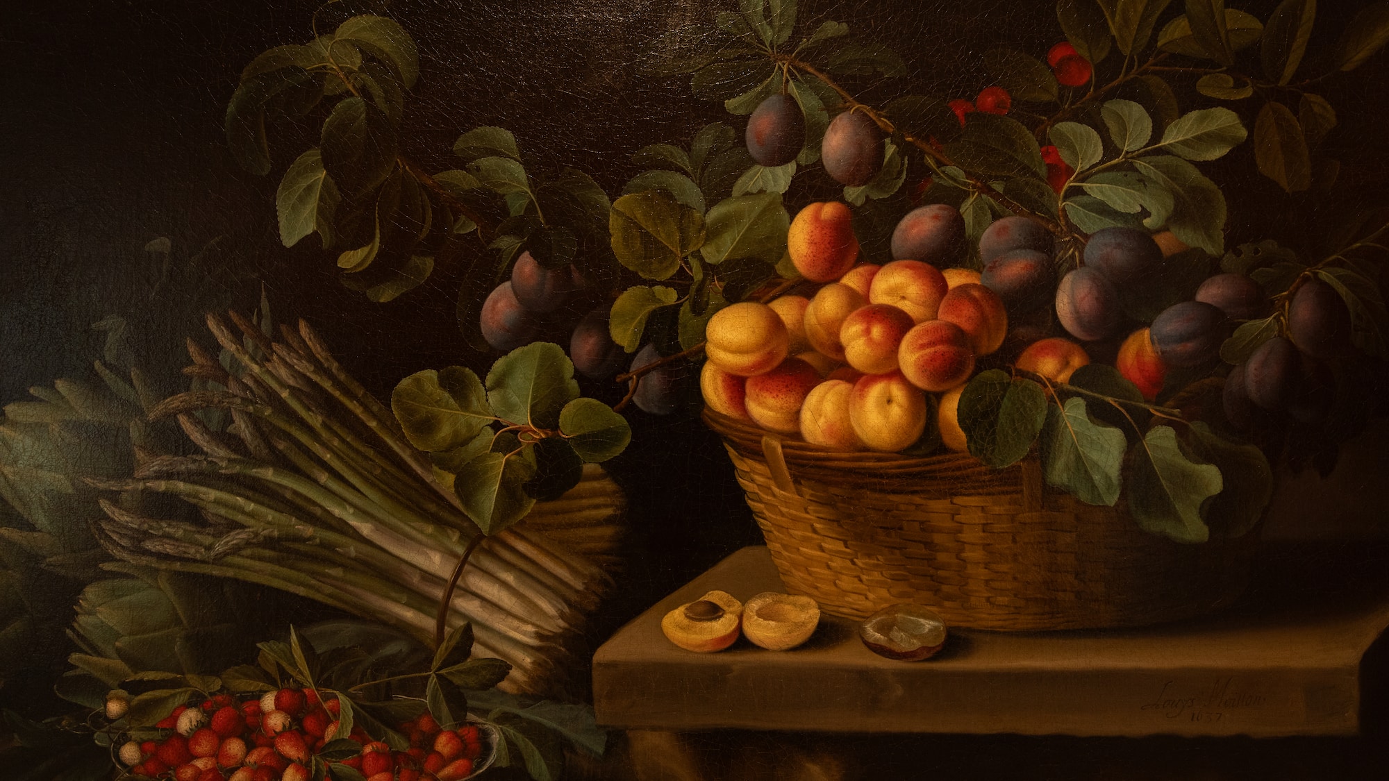 a painting of fruit in a basket