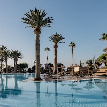 a pool with palm trees and umbrellas