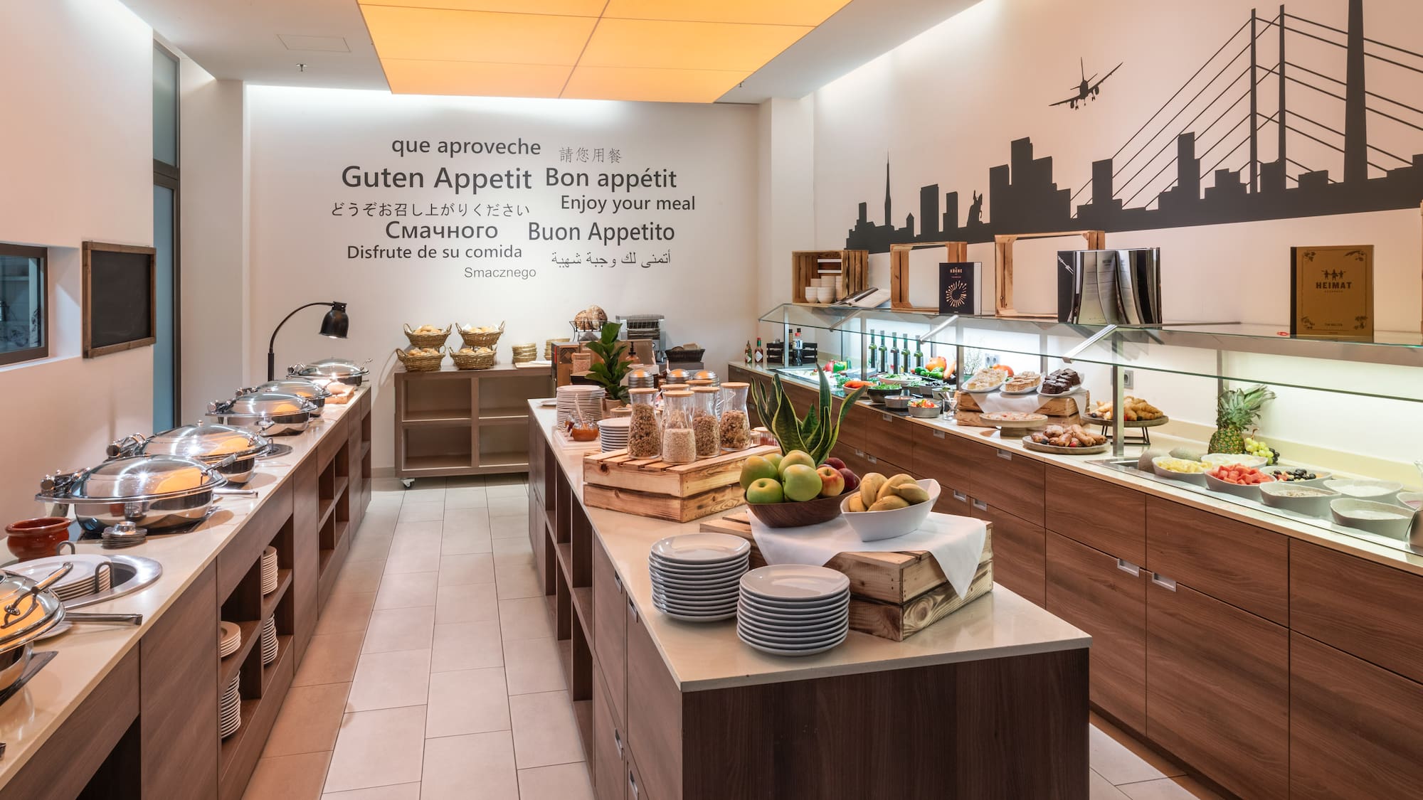 a buffet room with food on the counter