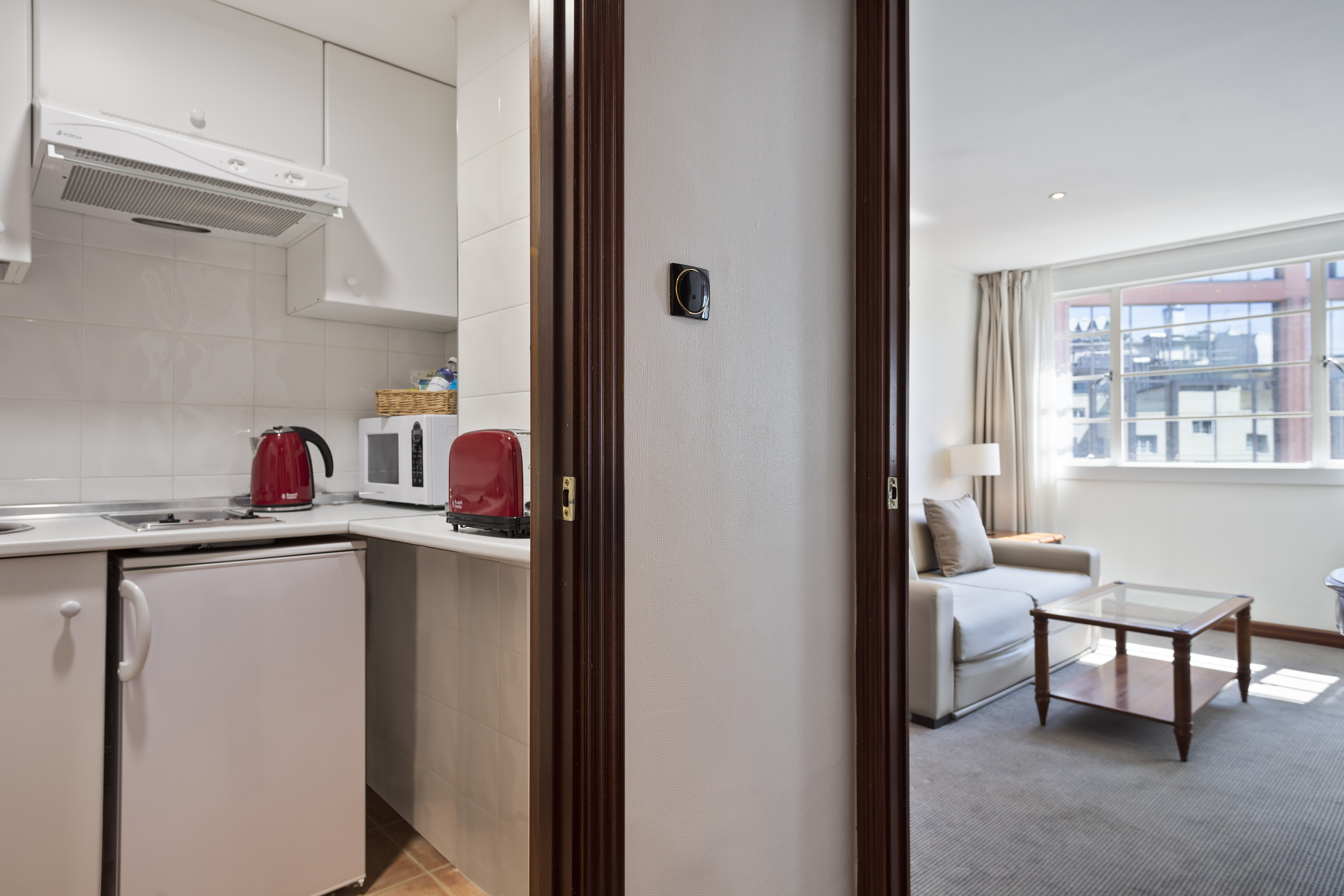 Studio apartment with a compact kitchenette and a bright living room.