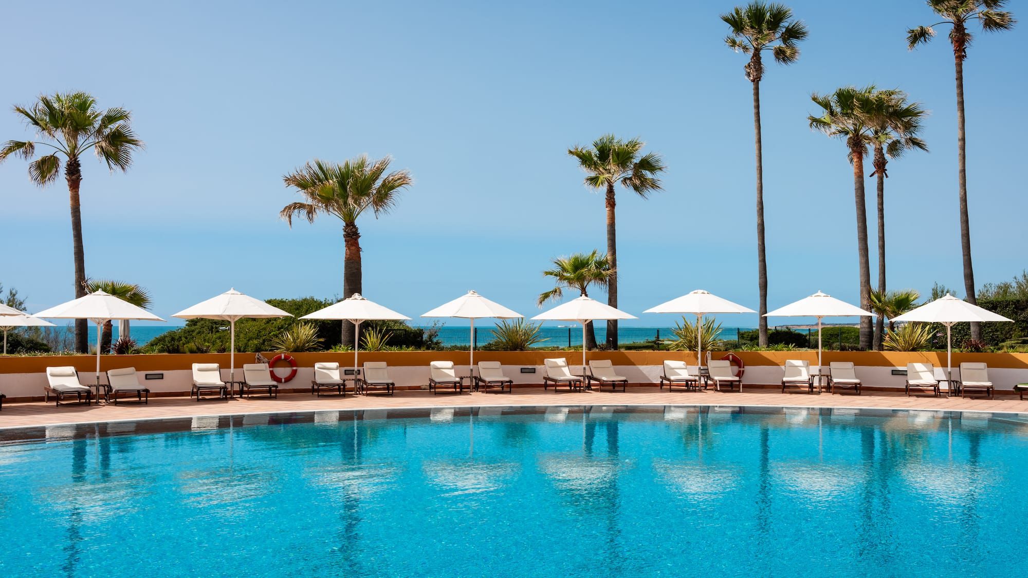 Resort swimming pool with sun loungers, umbrellas, palm trees, and ocean.