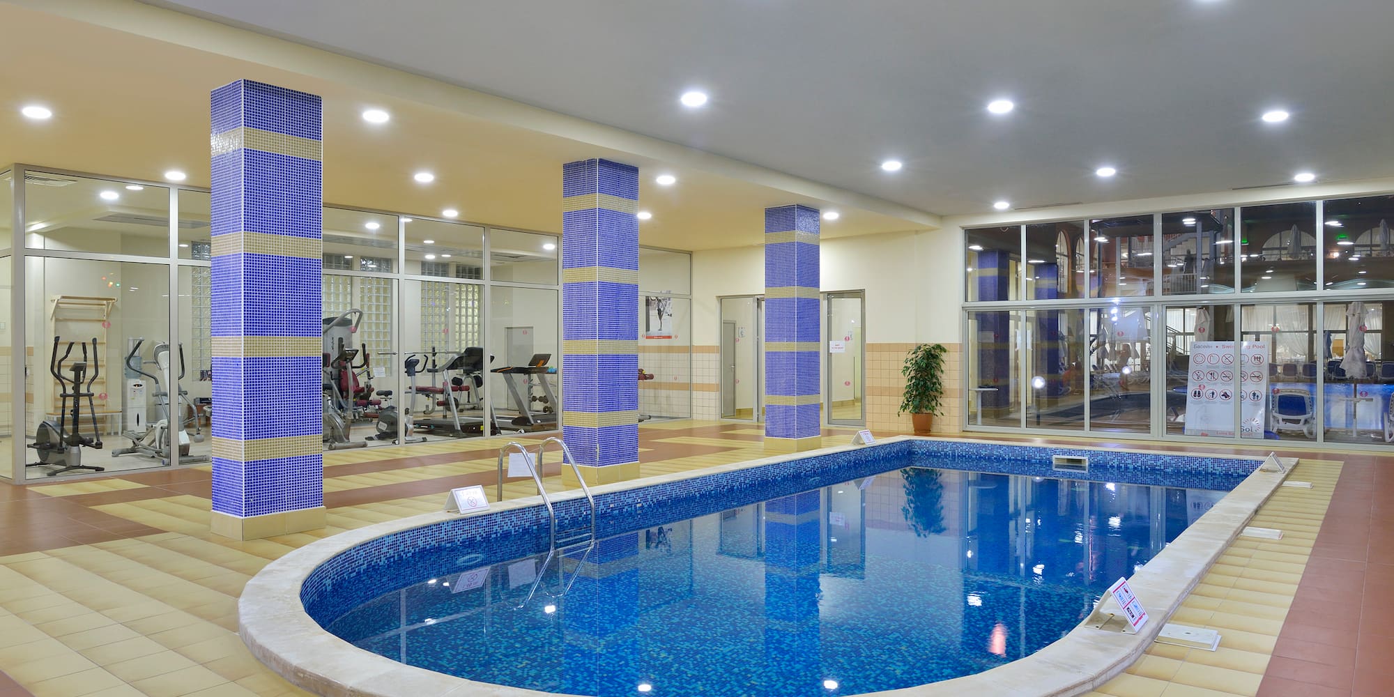 a swimming pool inside a building