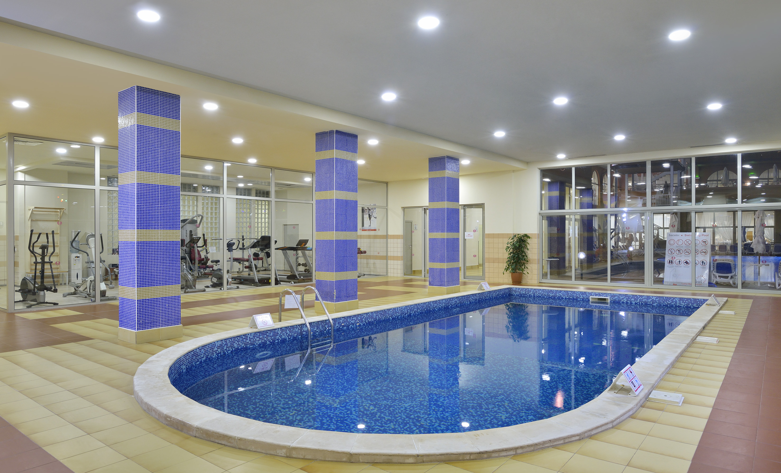 a swimming pool inside a building