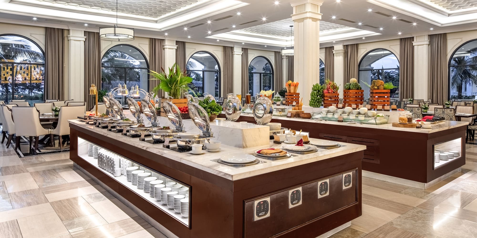 a buffet table with food on it