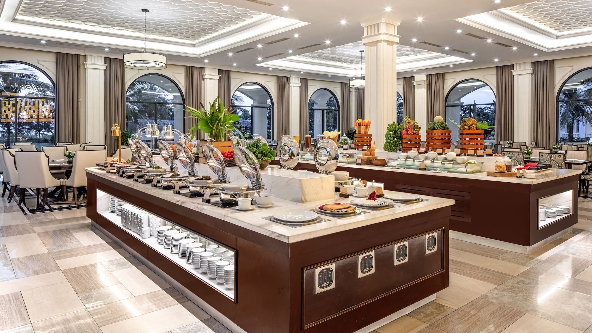 a buffet table with food on it