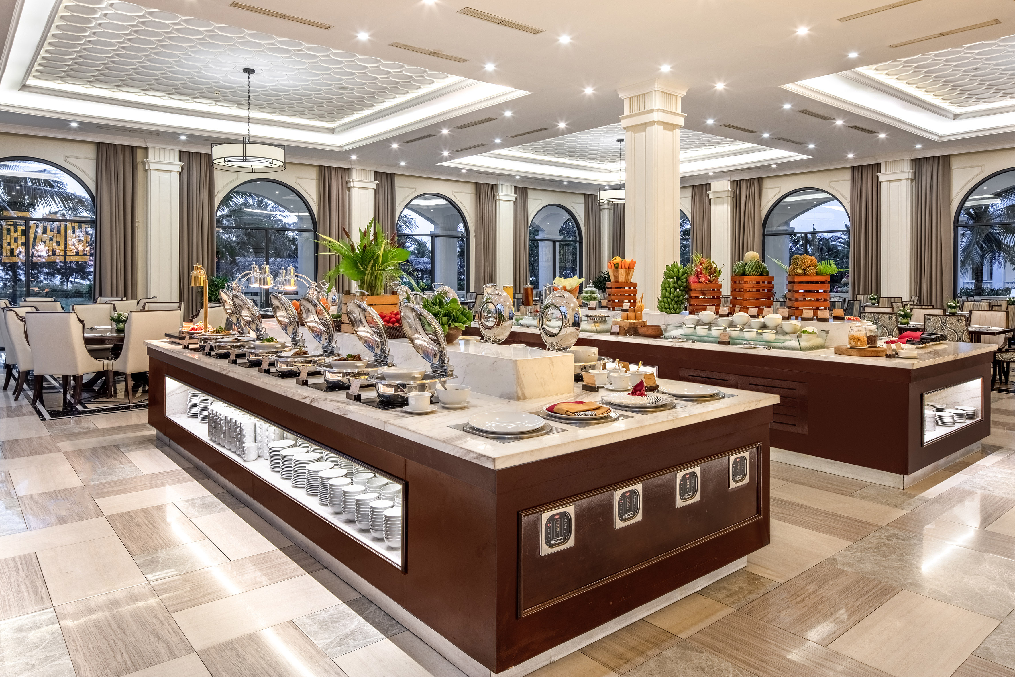 a buffet table with food on it