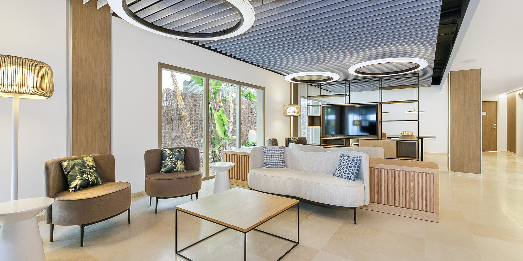 a room with a couch and a coffee table