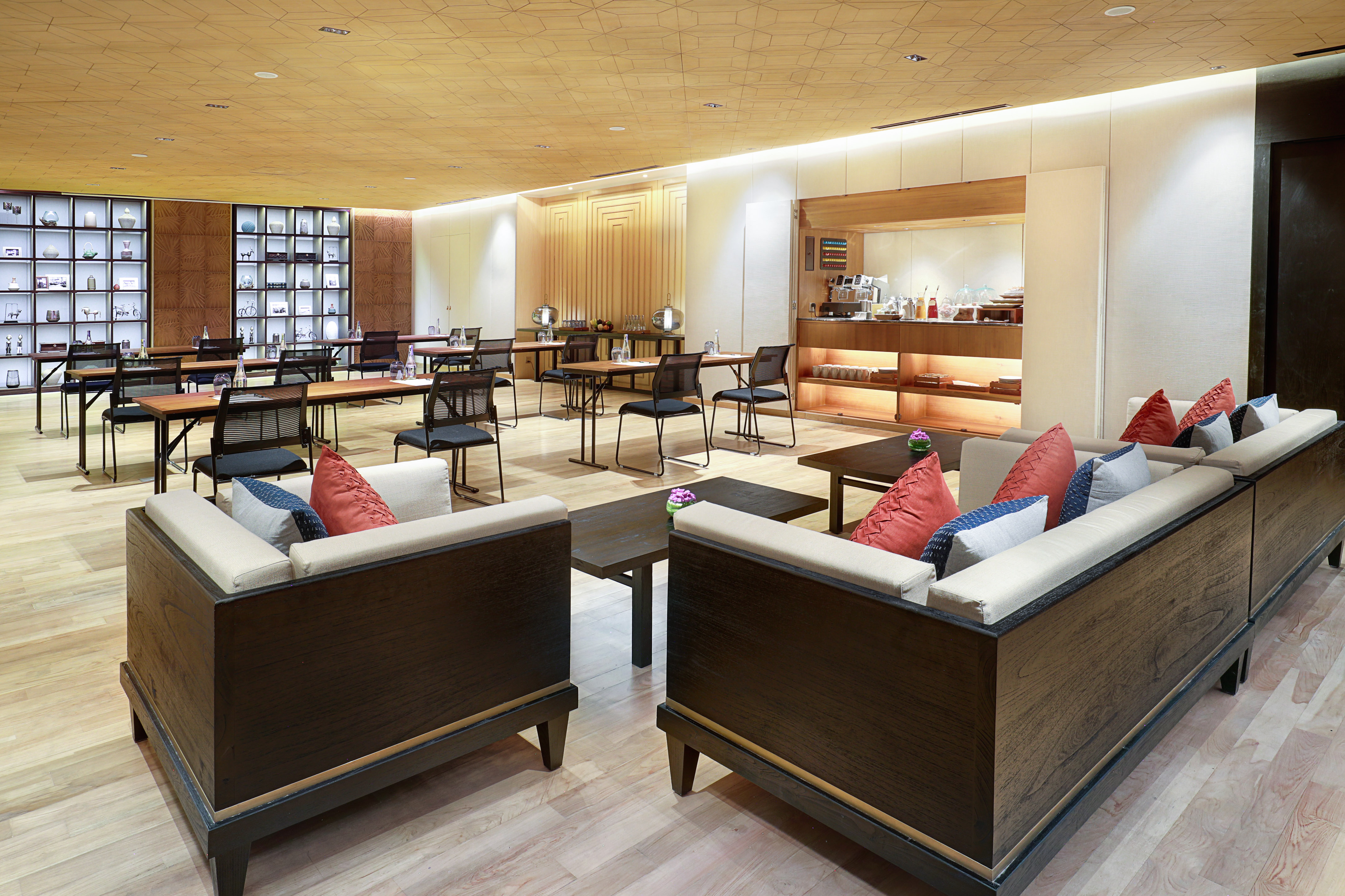 a room with couches and tables