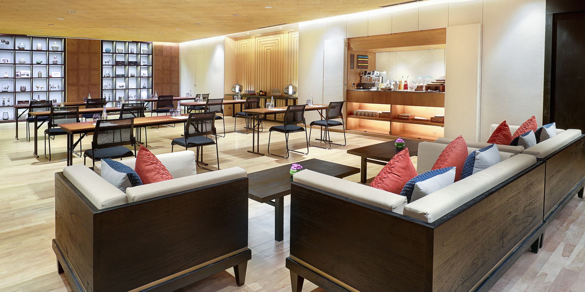 a room with couches and tables