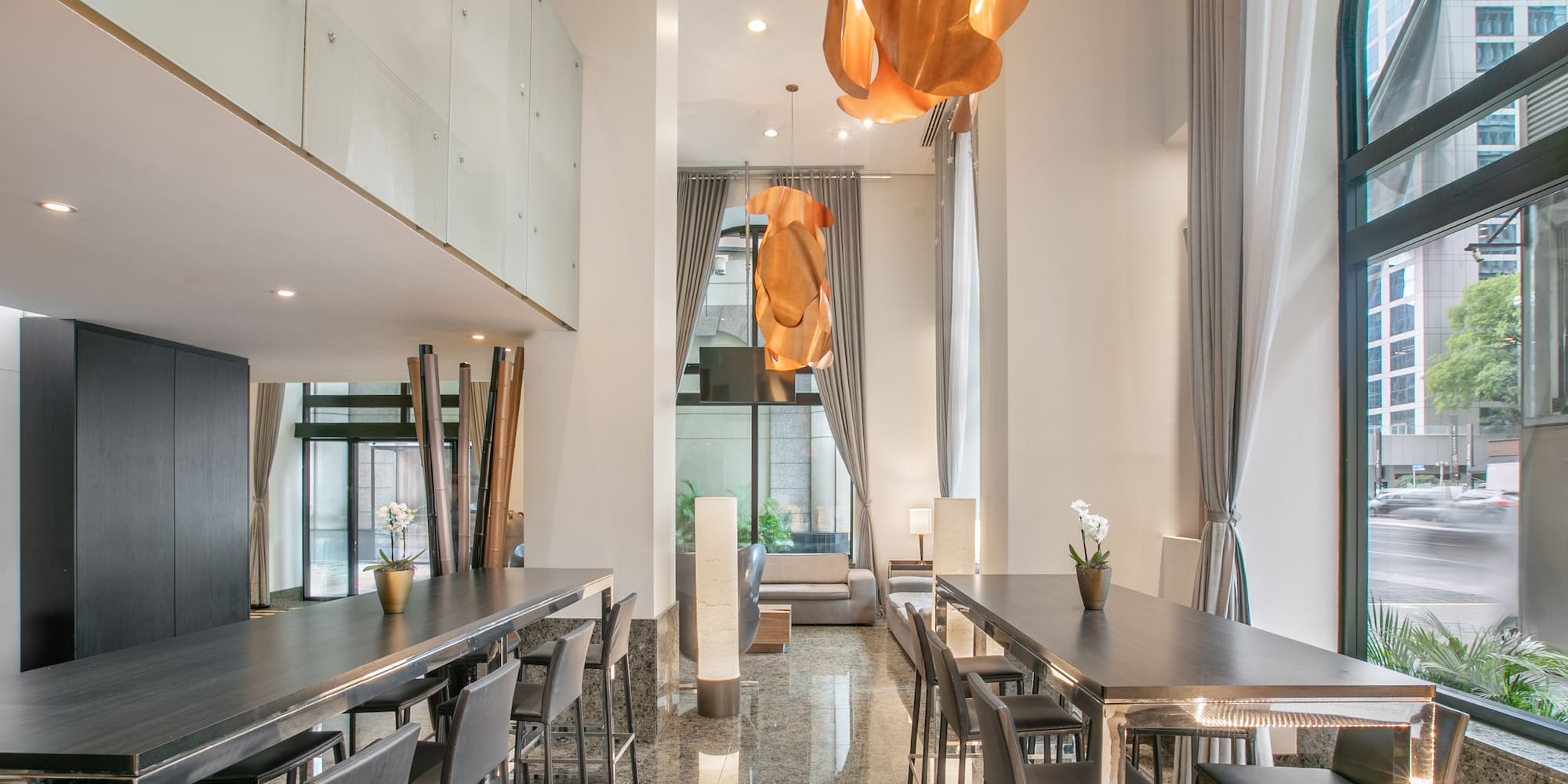 a room with tables and chairs