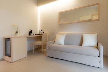 a room with a couch and a mirror