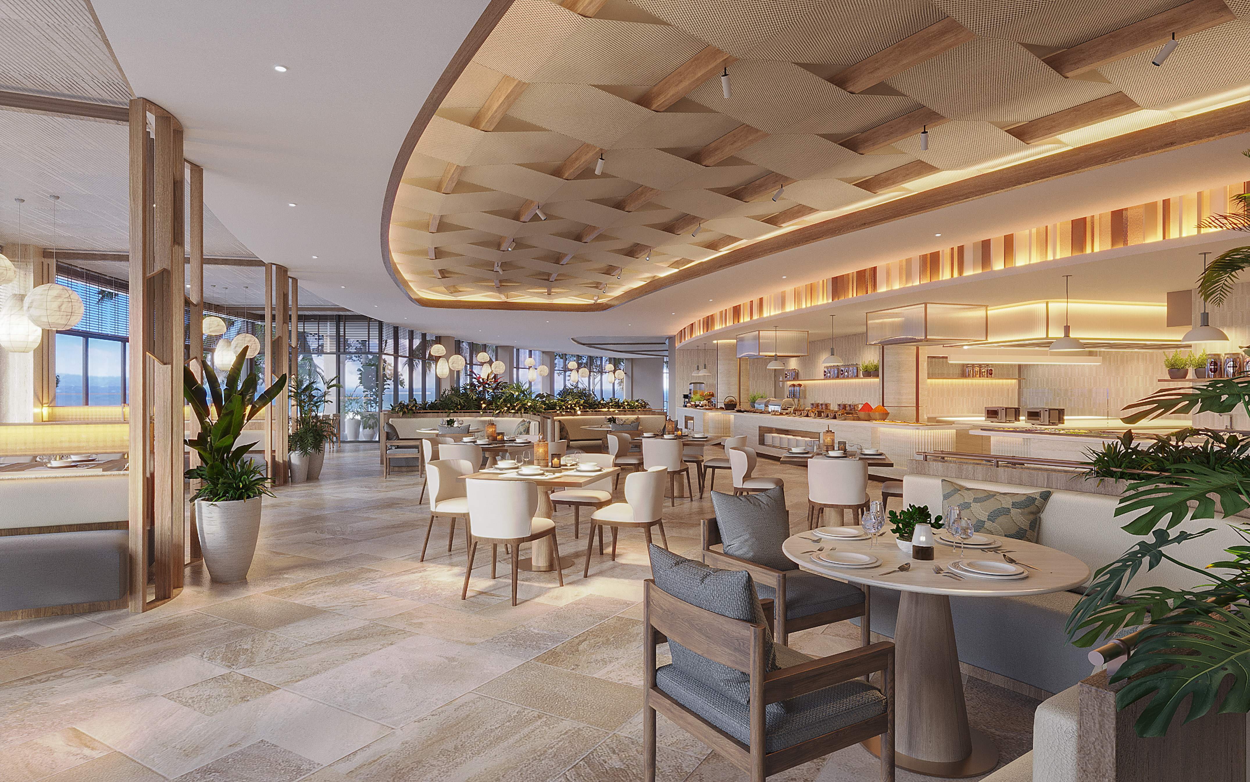 Modern resort restaurant with elegant dining, buffet, and tropical interior design.