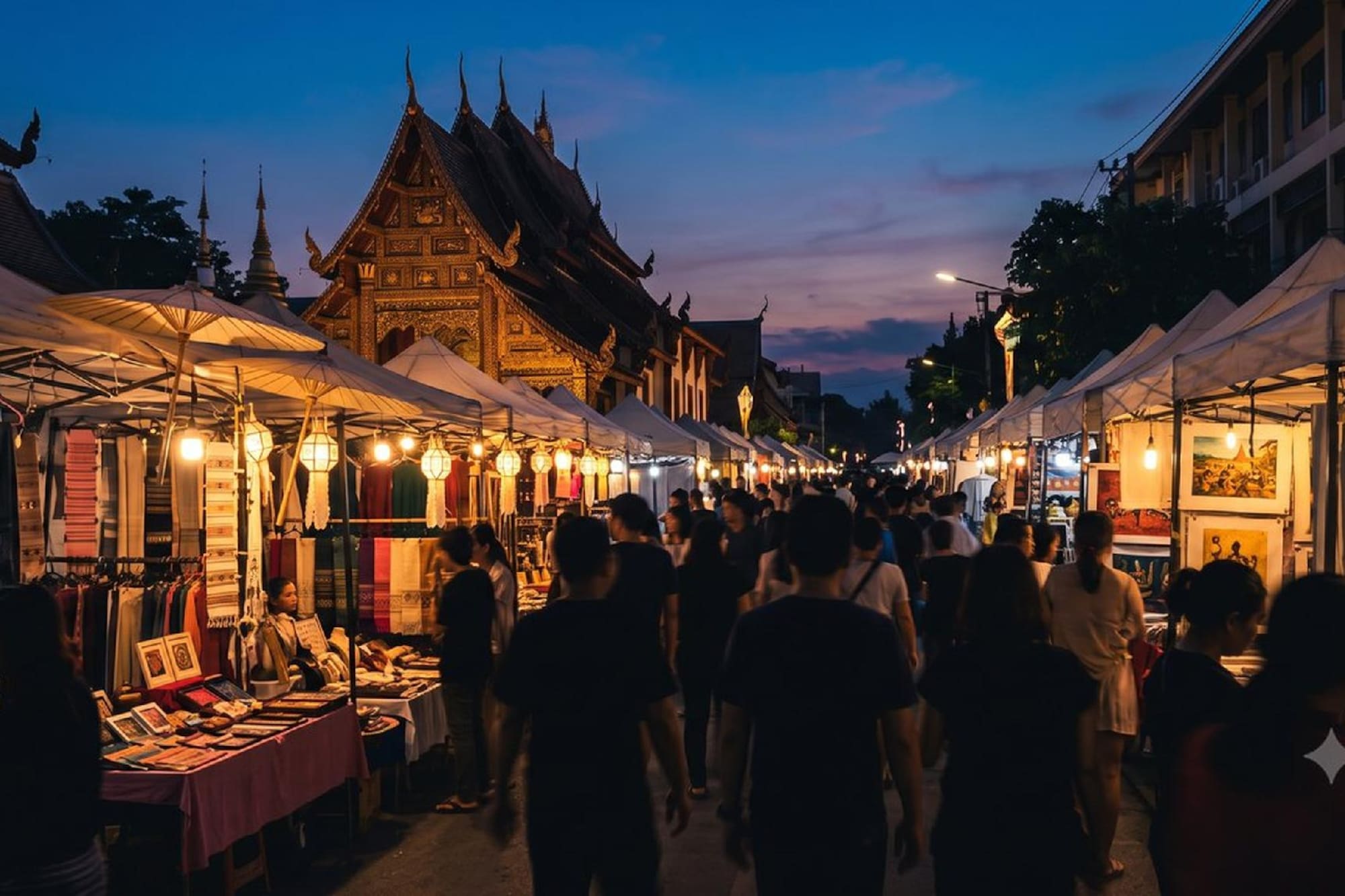 Bustling Thai night market at dusk, people shopping, illuminated stalls, temple.