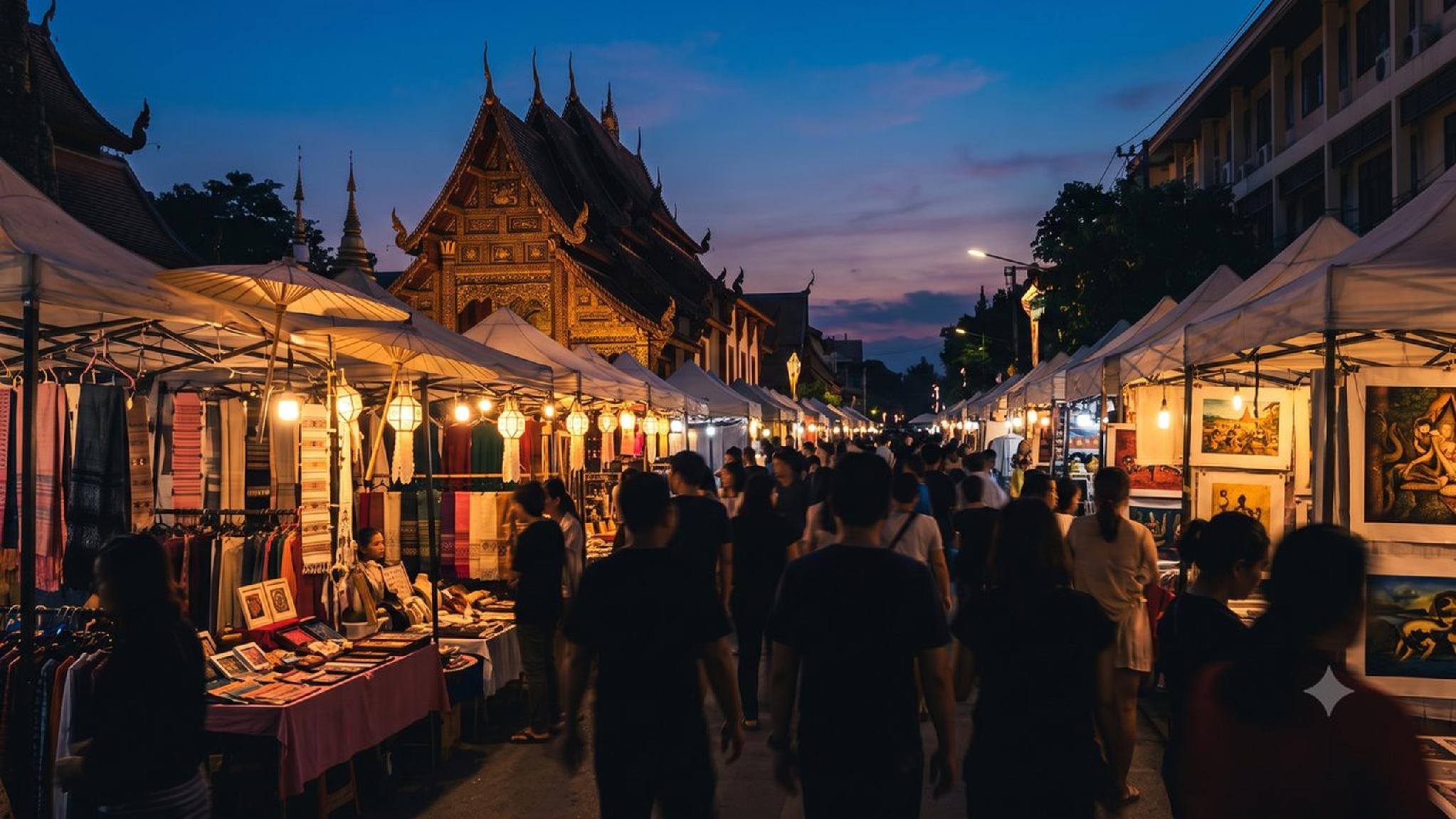 Bustling Thai night market at dusk, people shopping, illuminated stalls, temple.