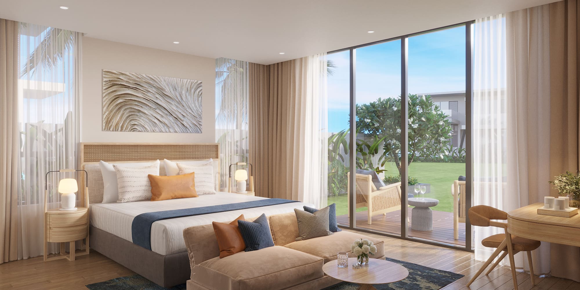 a bedroom with a large bed and a couch