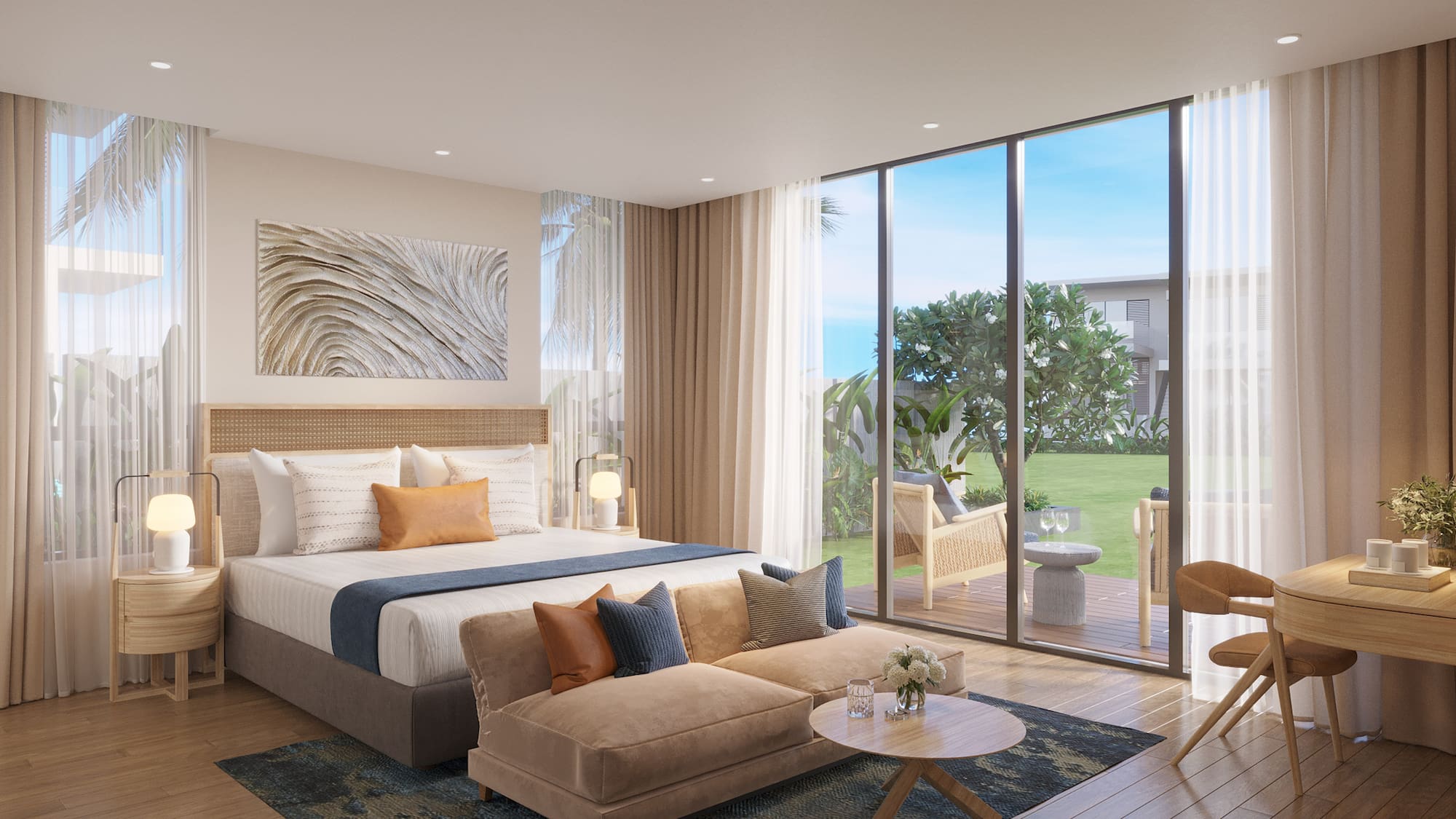 a bedroom with a large bed and a couch