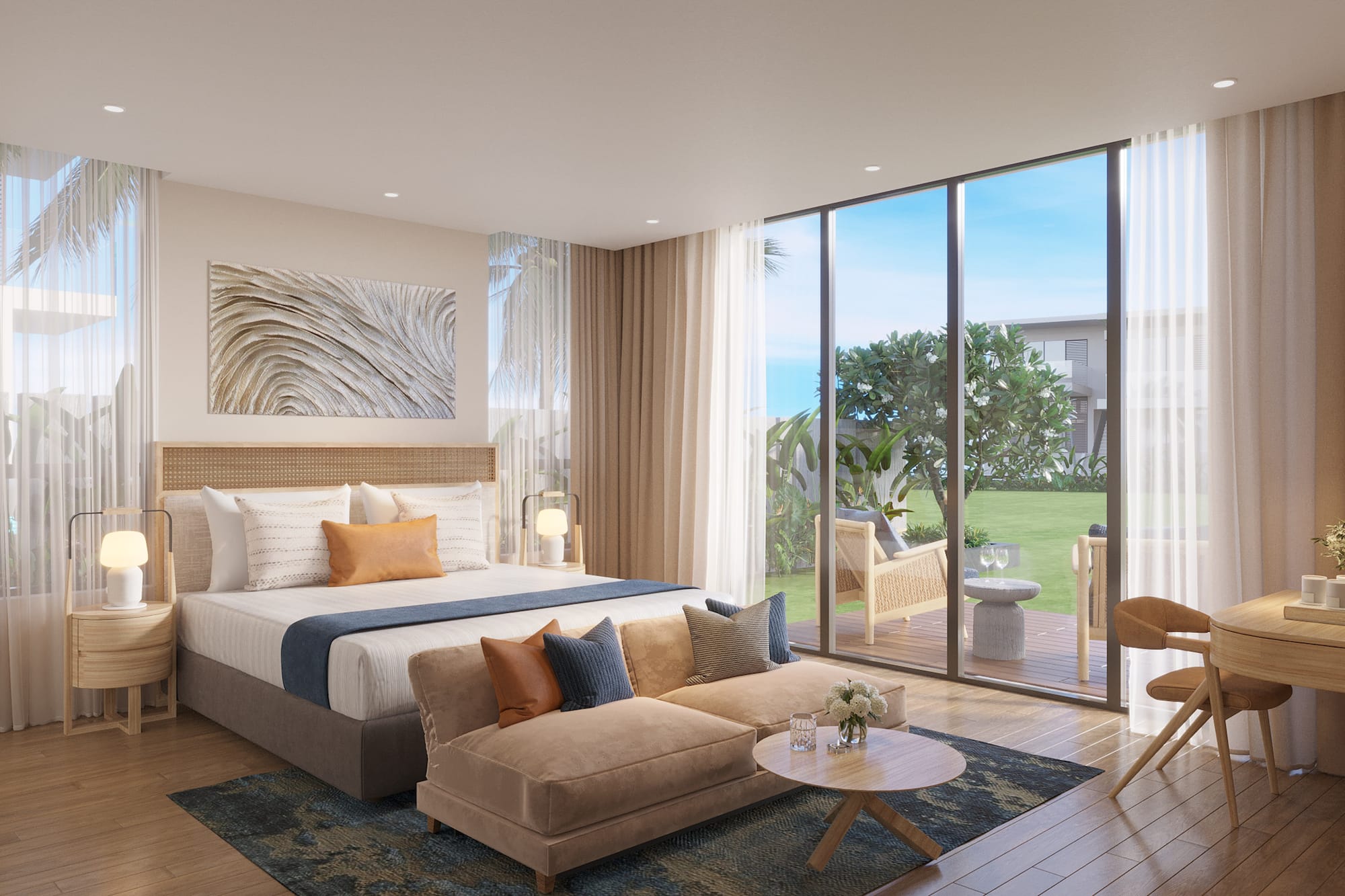 a bedroom with a large bed and a couch