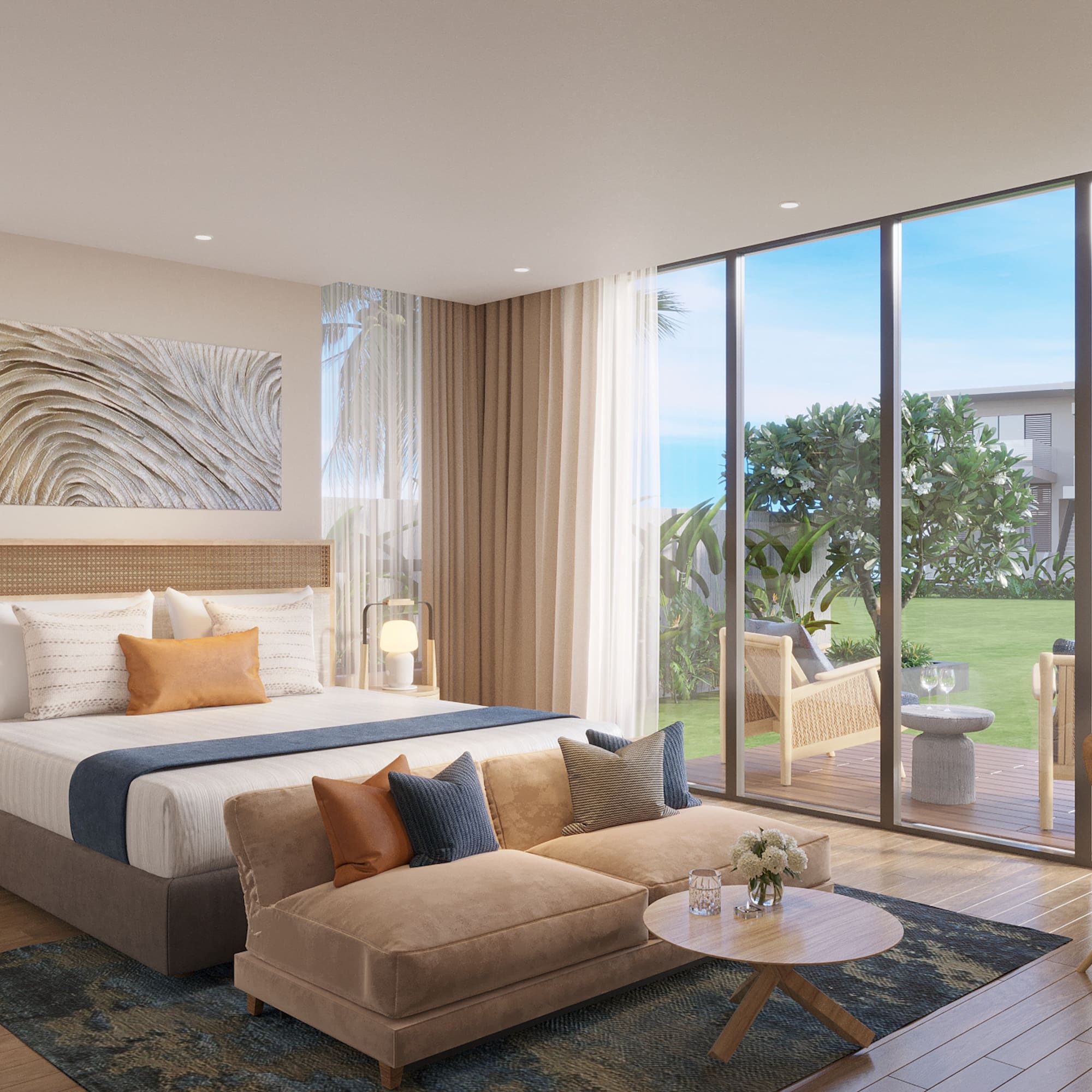 a bedroom with a large bed and a couch