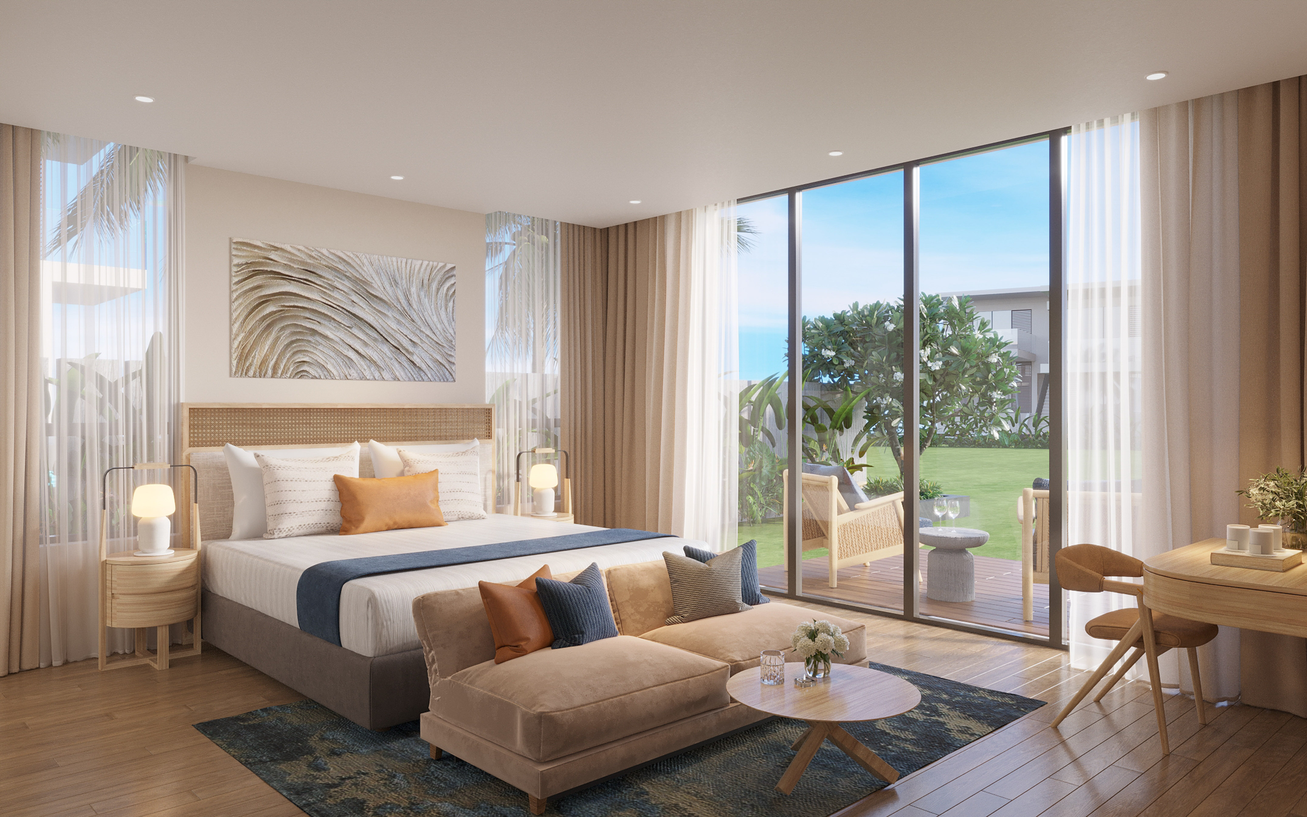 a bedroom with a large bed and a couch