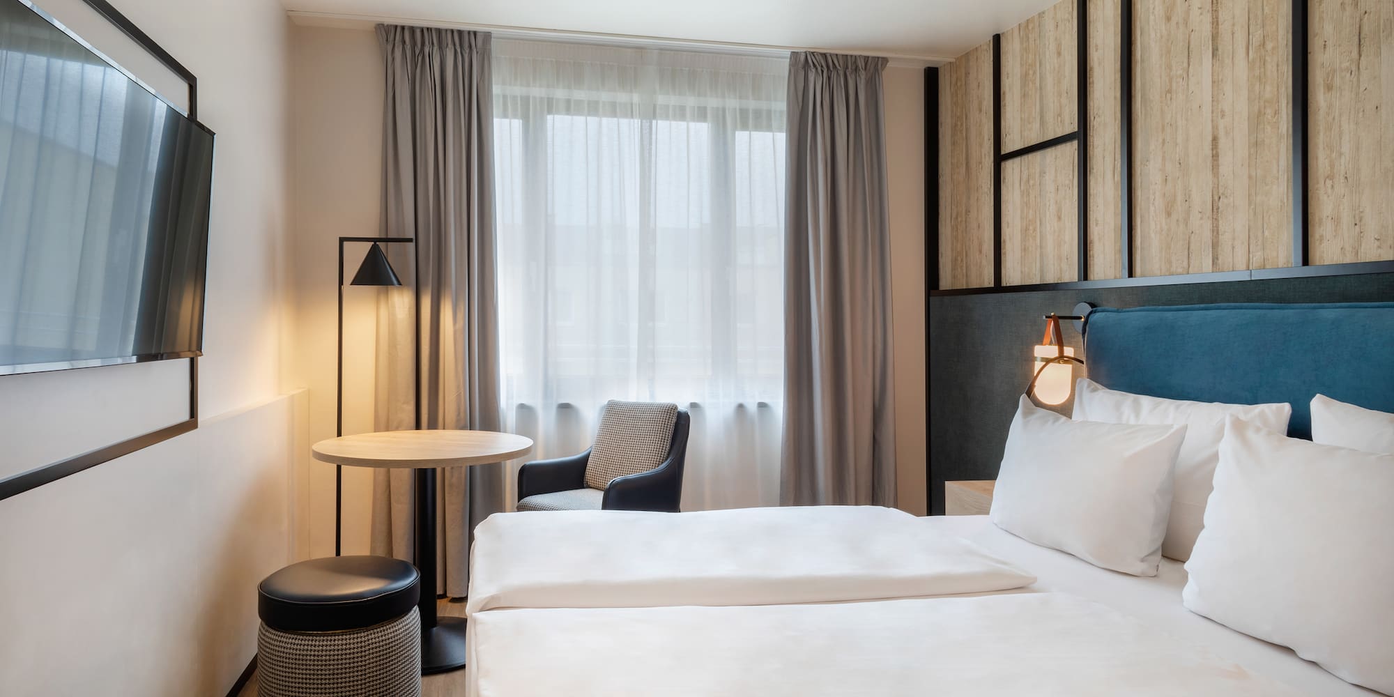 a room with a bed and a table