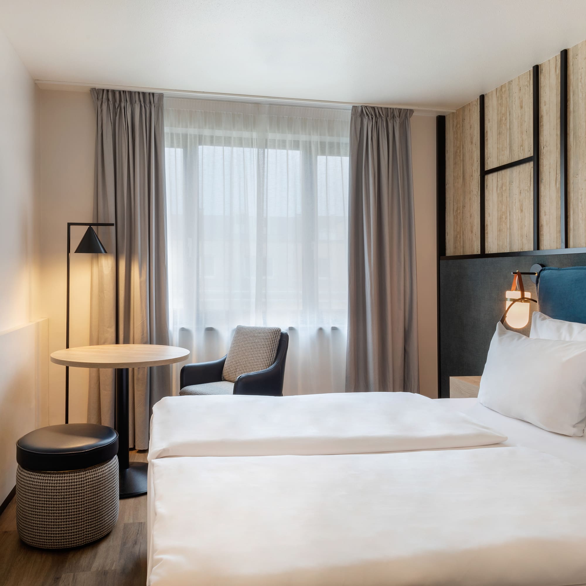 a room with a bed and a table