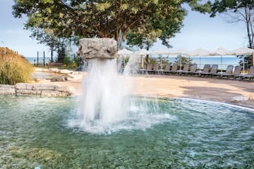 a water fountain with a rock in the air