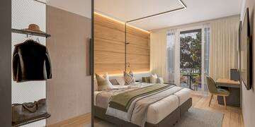 a bedroom with a bed and a closet