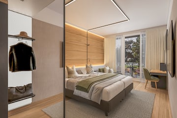 a bedroom with a bed and a closet