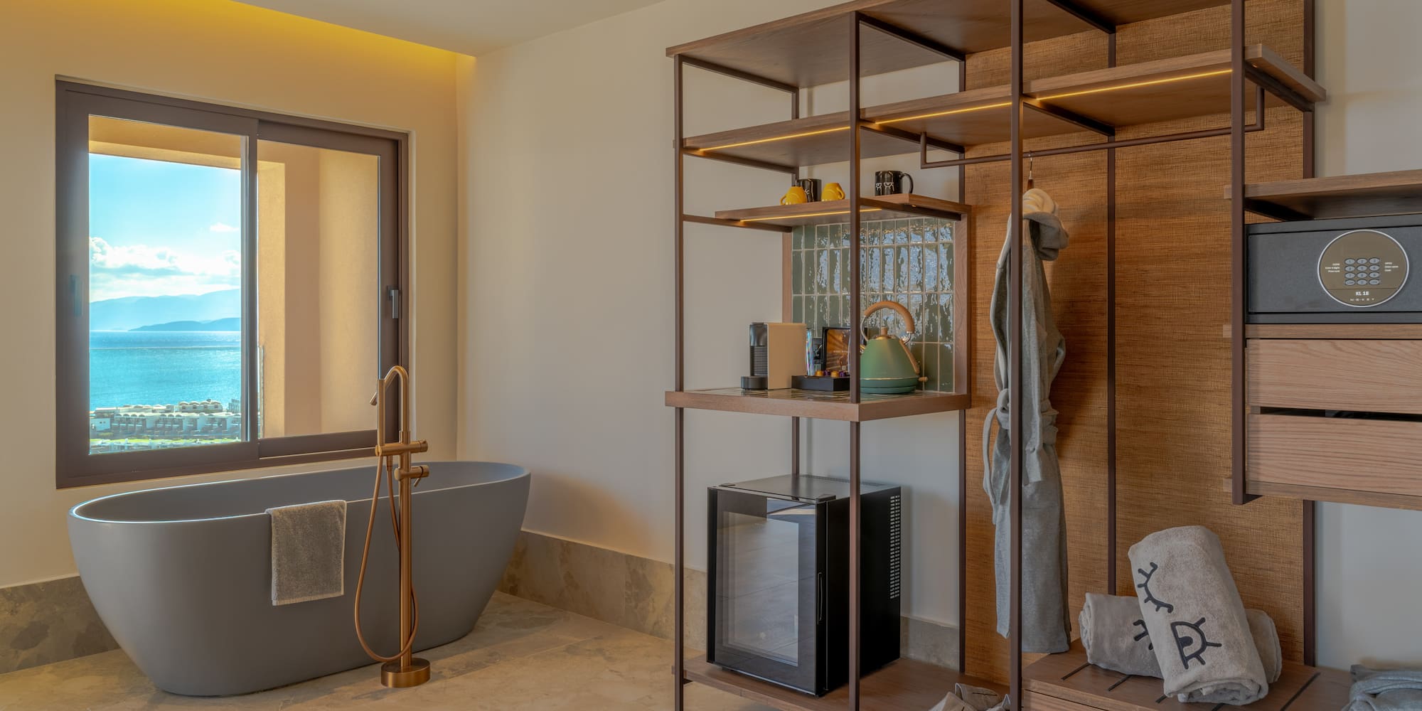 a bathroom with a bathtub and a shelf