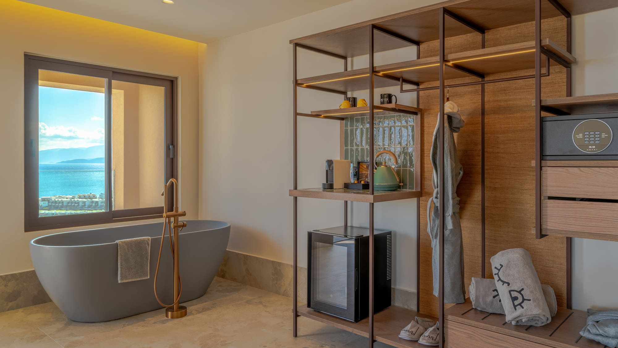 a bathroom with a bathtub and a shelf