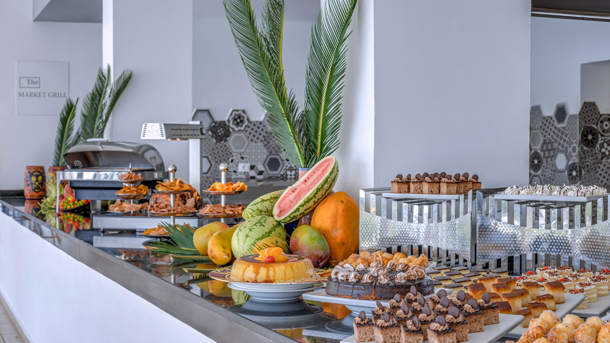a buffet table with different foods on it