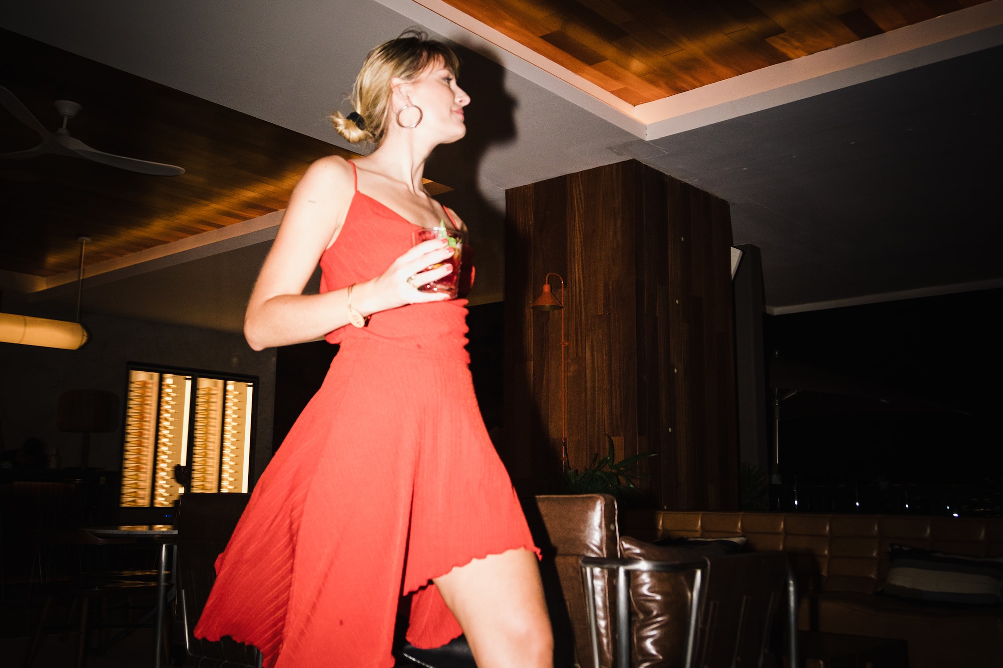 a woman in a red dress