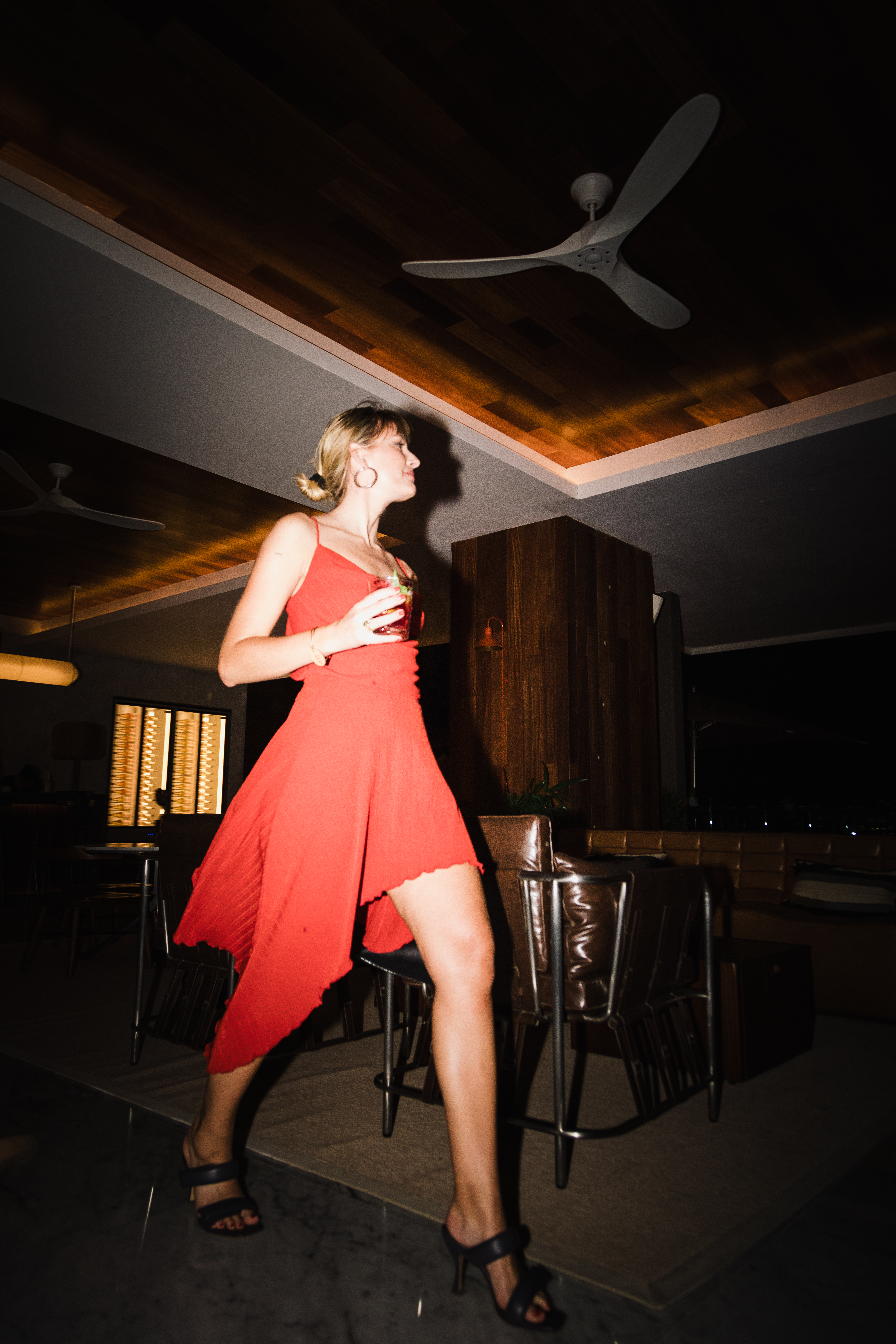 a woman in a red dress