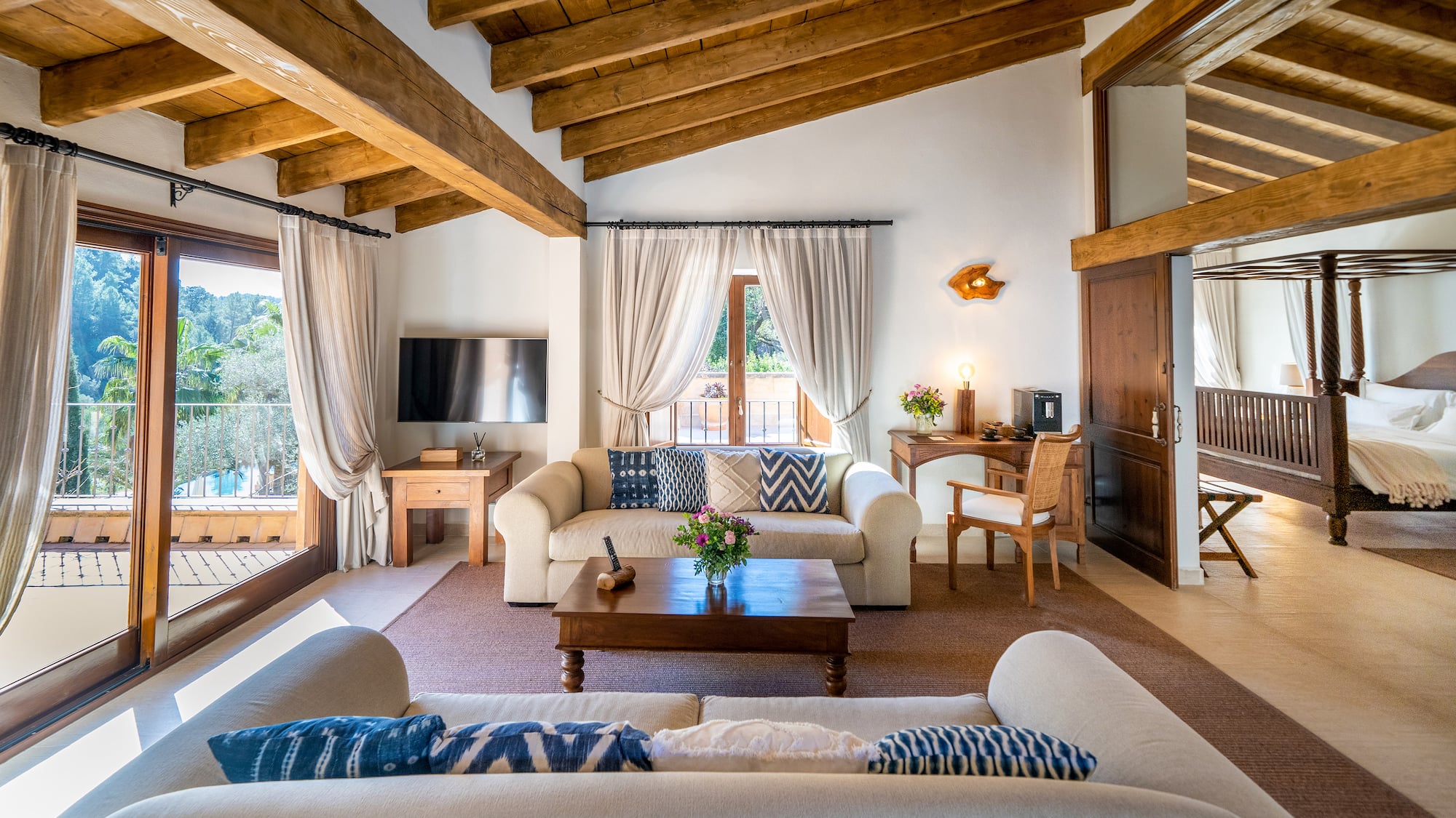 a living room with a couch and a table