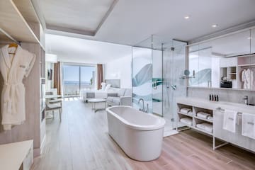 a bathroom with a tub and a shower