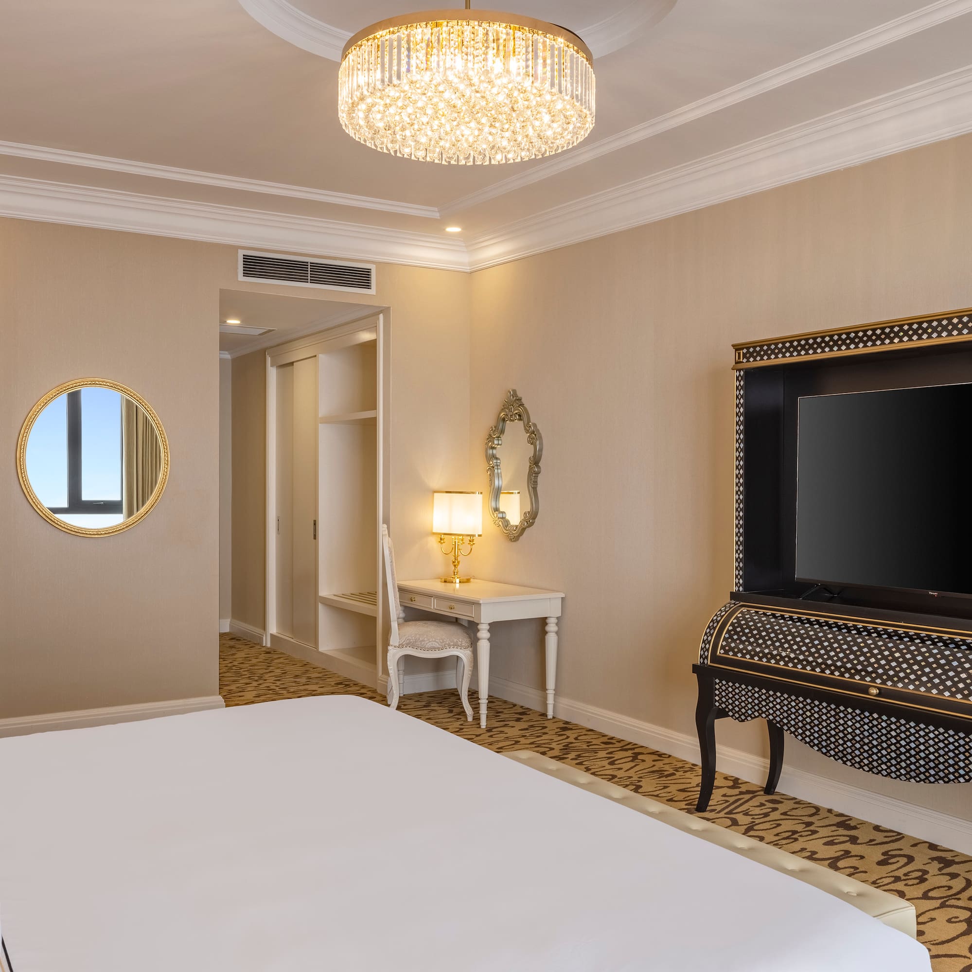 a room with a piano and a bed