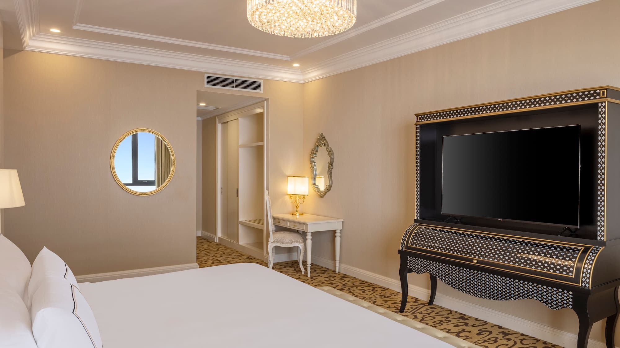 a room with a piano and a bed