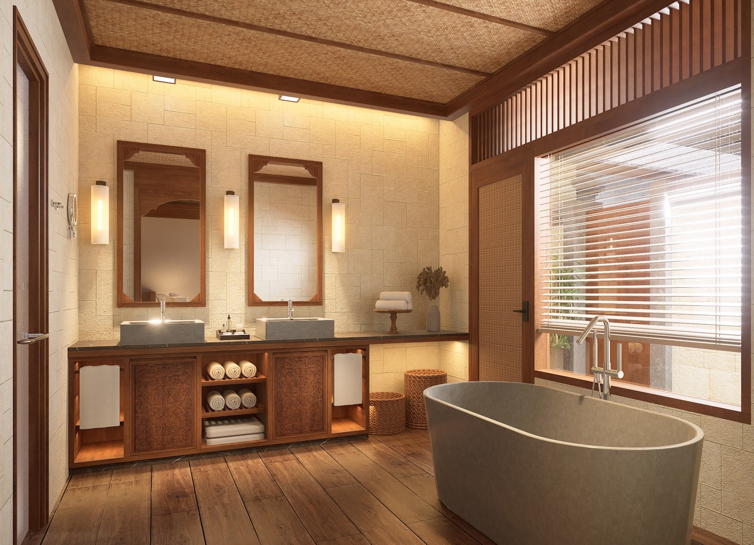 a bathroom with a tub and sinks