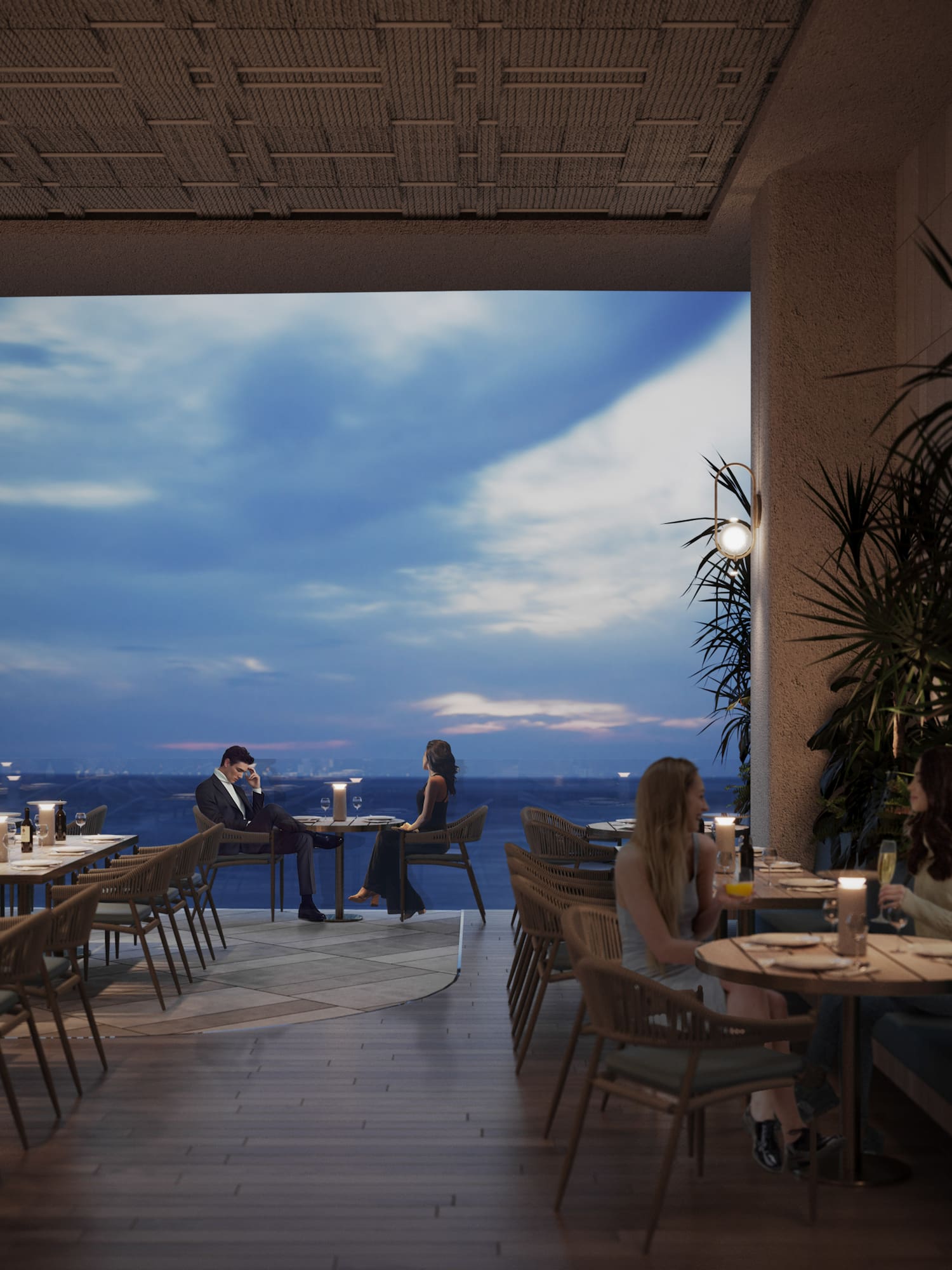 a group of people sitting at tables in a restaurant