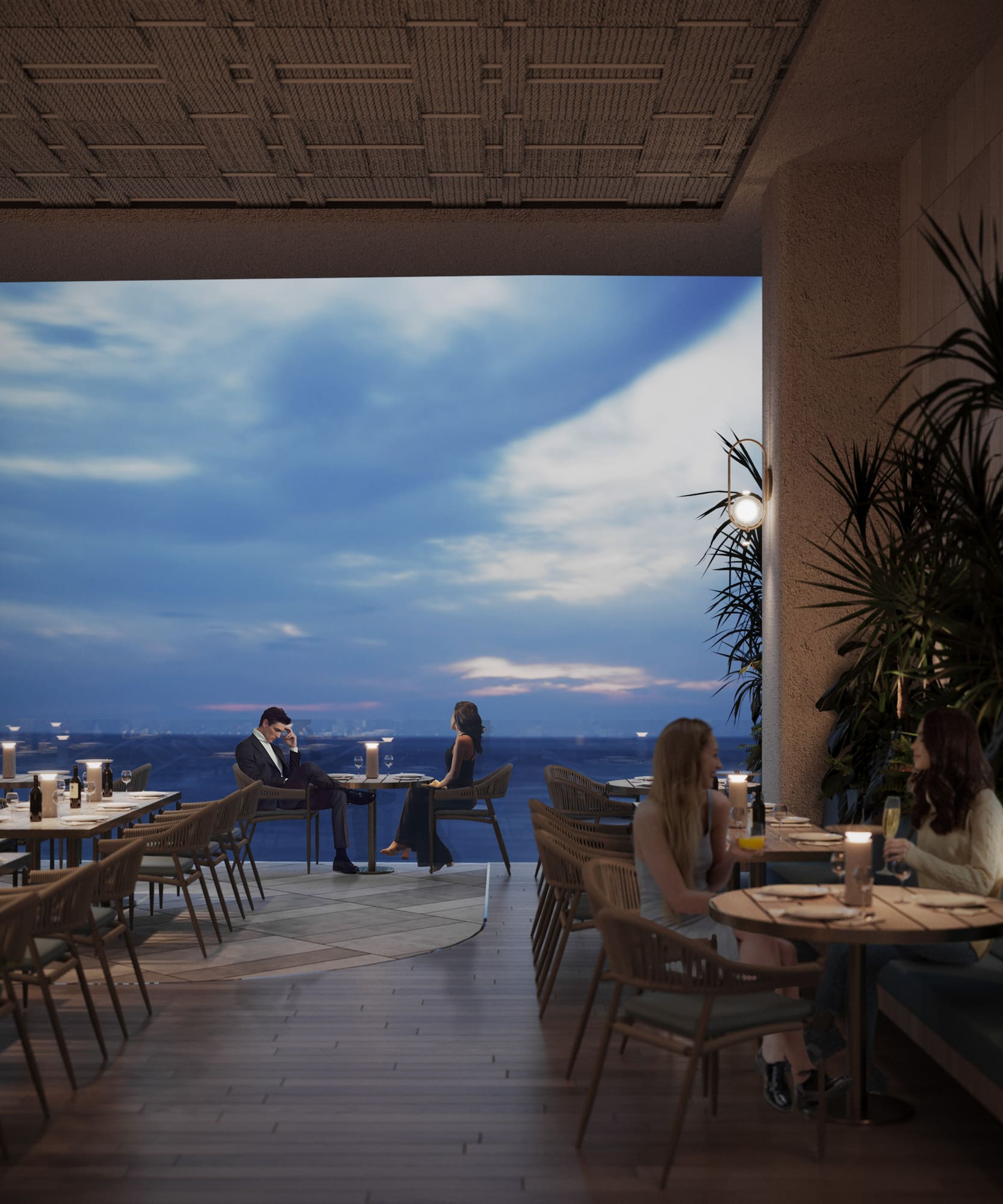 a group of people sitting at tables in a restaurant