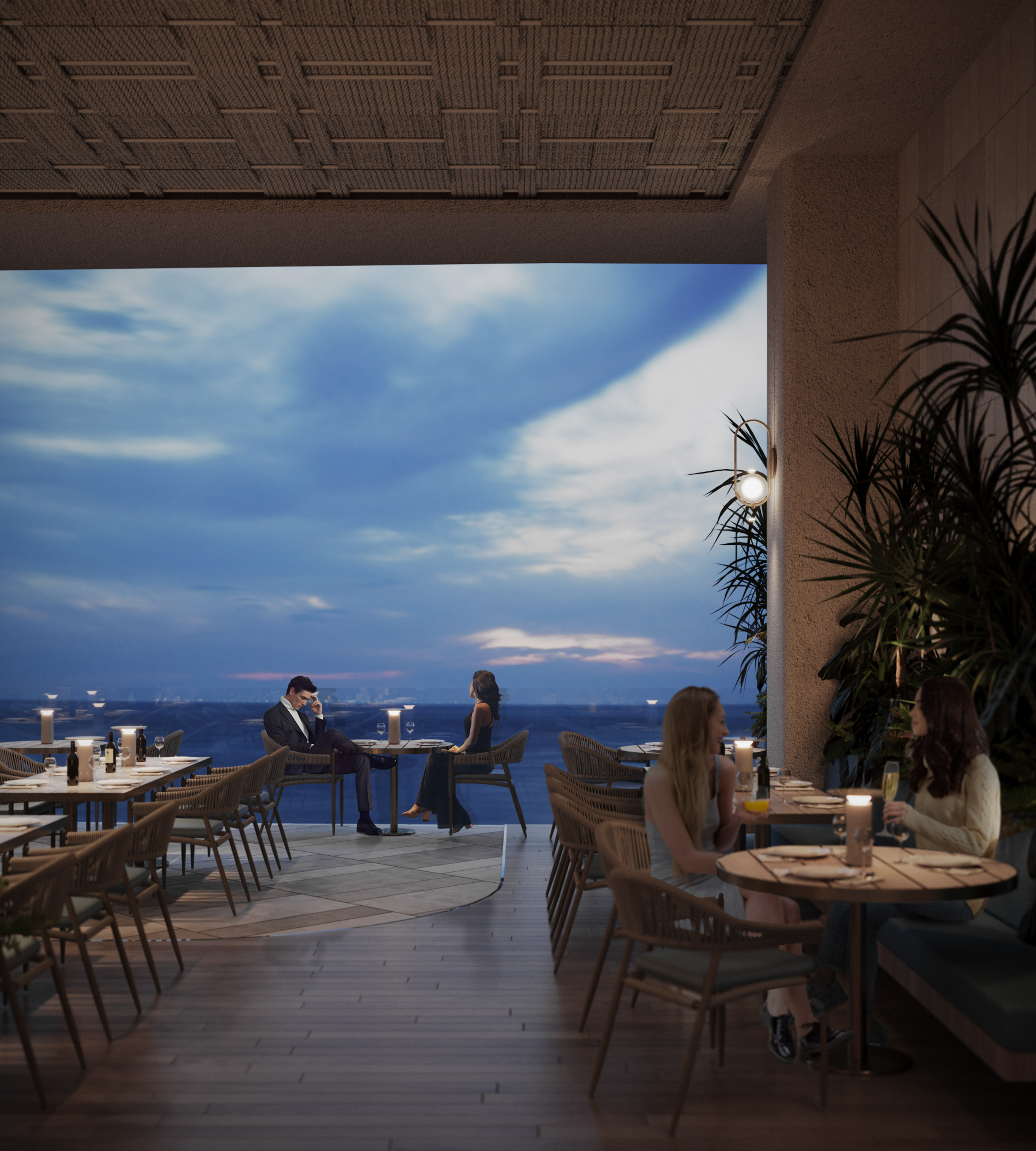 Elegant outdoor restaurant with evening diners and a vast waterfront view.