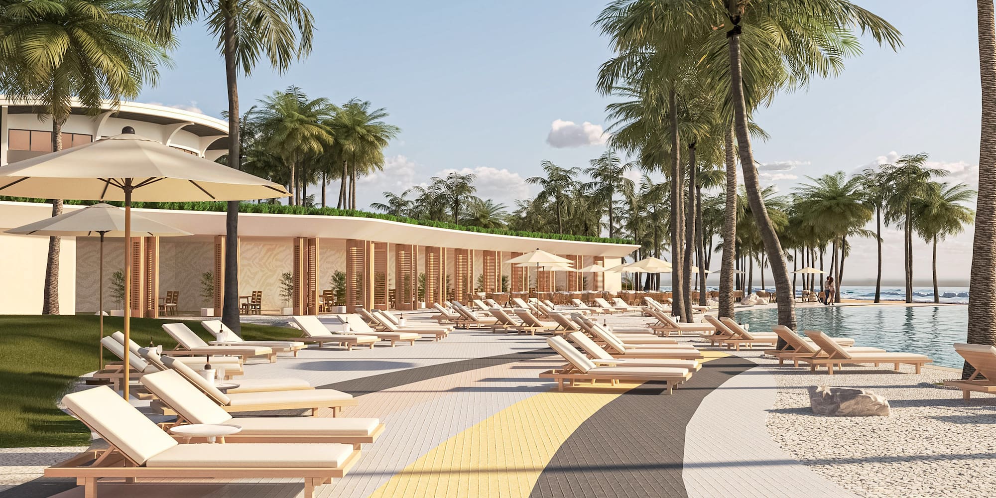 a pool with lounge chairs and palm trees